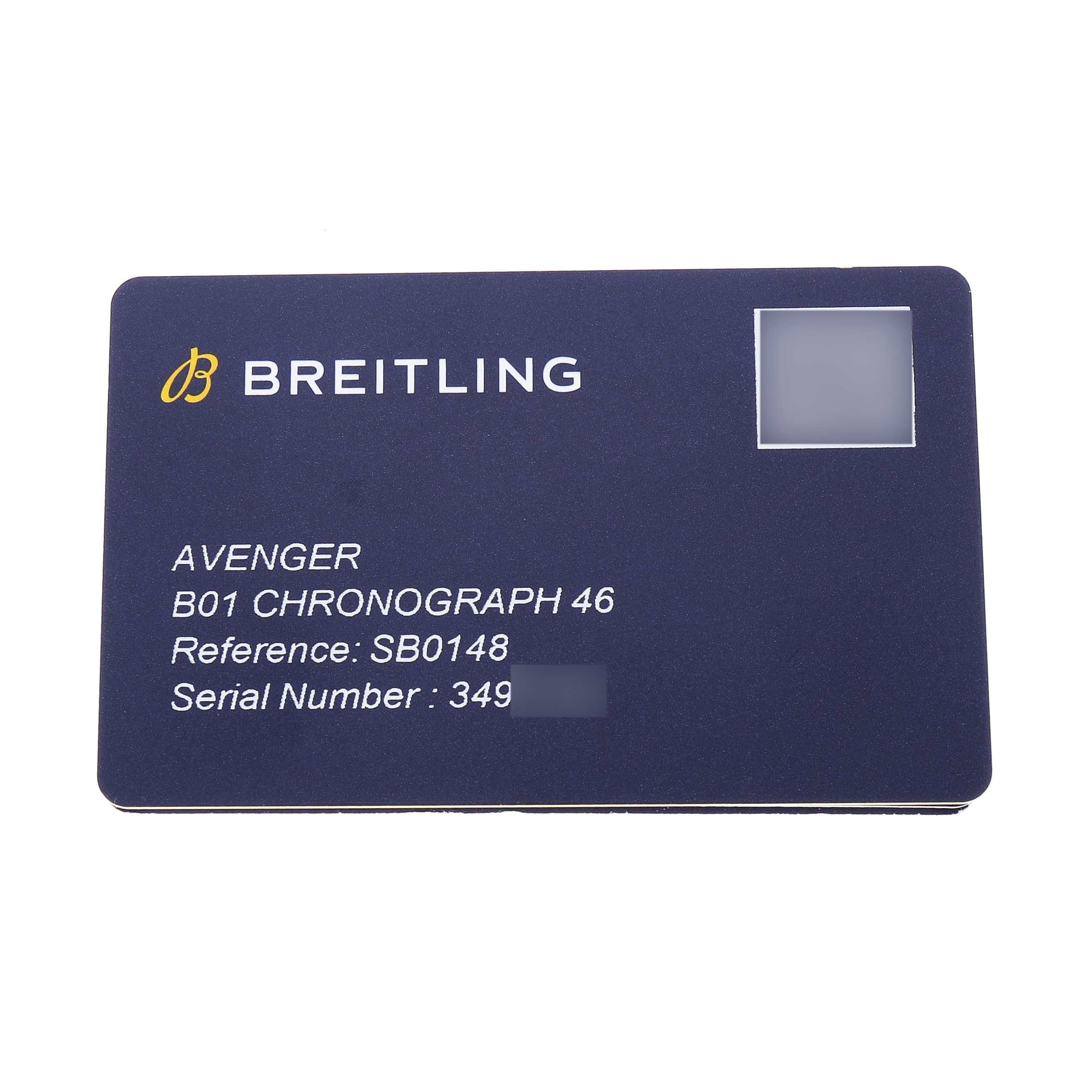 The image shows a warranty card for the Breitling Avenger SB0148 Men's Ceramic Black Dial B01 Chronograph 46 with reference and serial numbers.