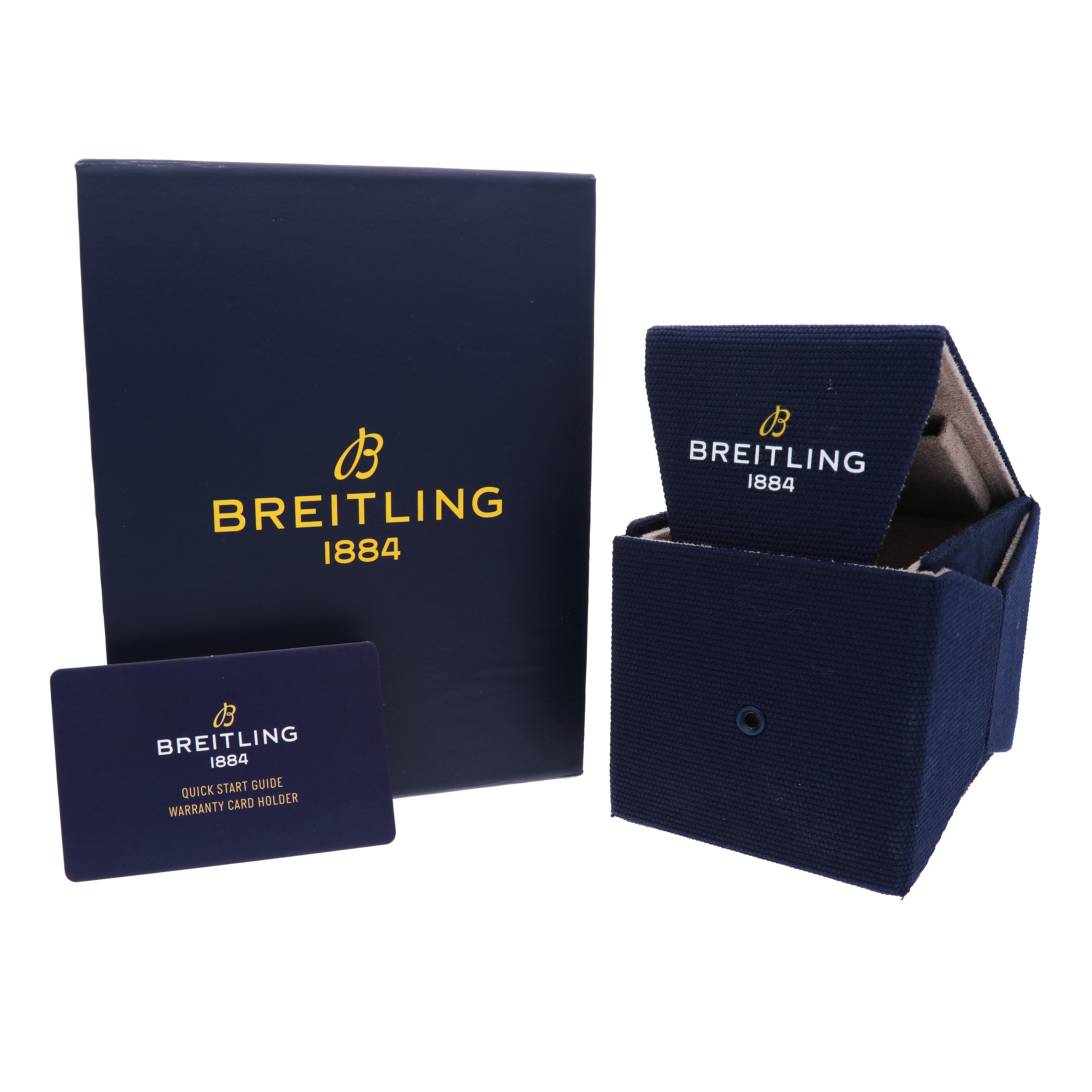 The image shows the packaging and accessories for a Breitling Avenger SB0148 Men's Ceramic Black Dial watch, including a box and warranty card holder.