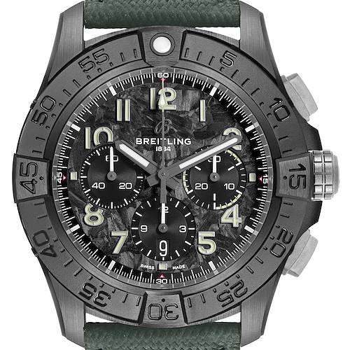The Breitling Avenger SB0148 Men's Ceramic Black Dial watch is shown from the front, highlighting its dial, bezel, and chronograph subdials.