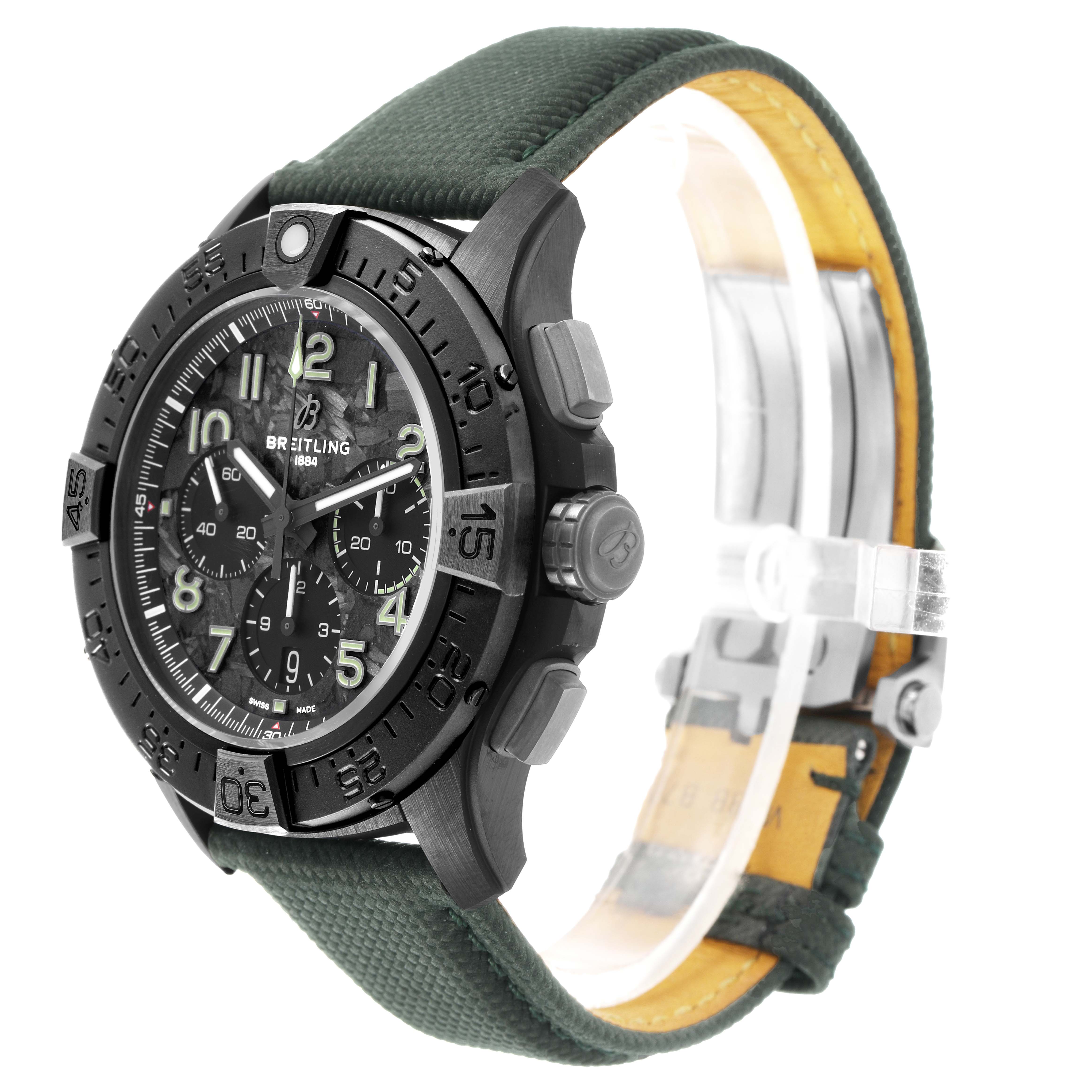 The image shows a Breitling Avenger SB0148 Men's Ceramic Black Dial watch at a 3/4 angle, highlighting the dial, bezel, pushers, and green strap.