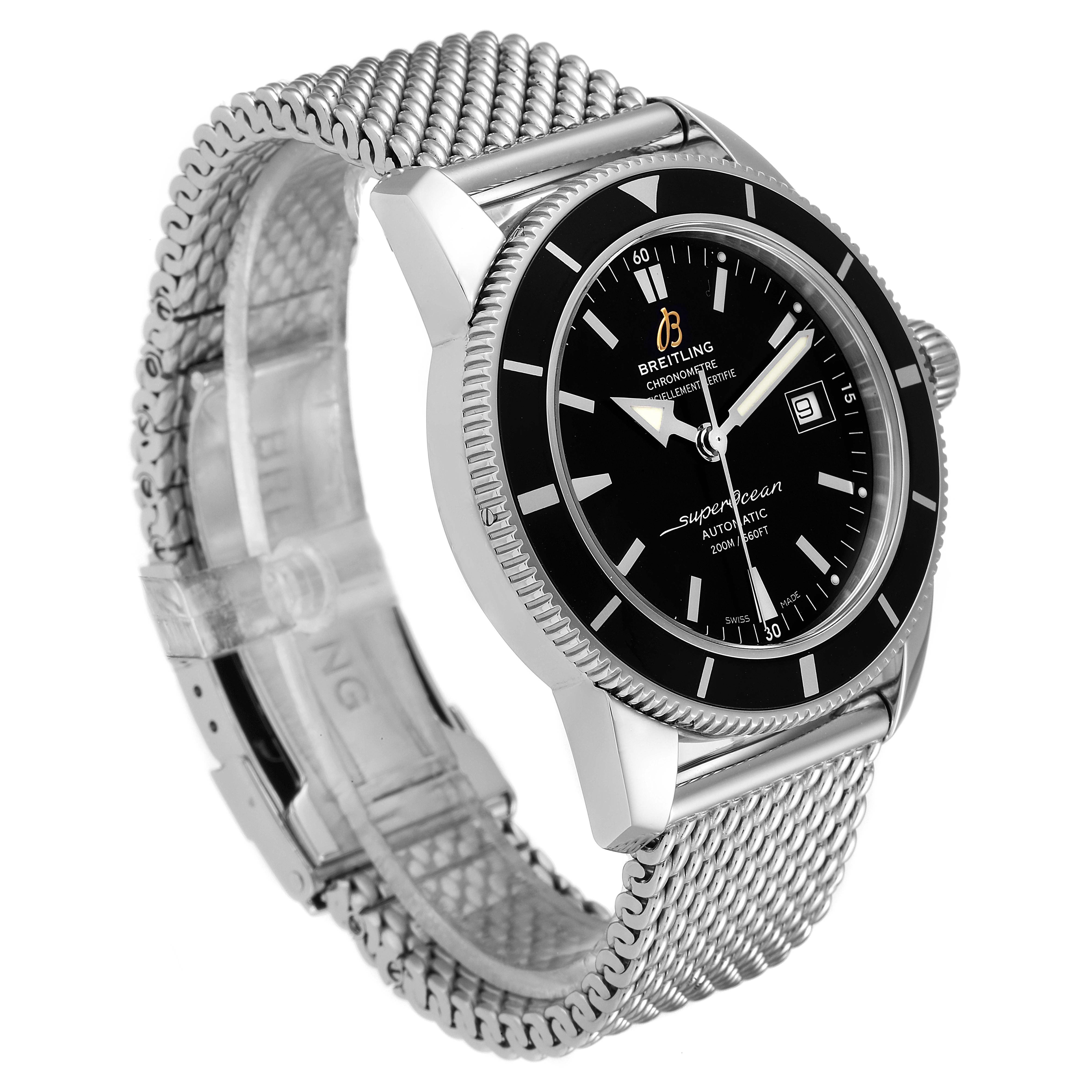 The image shows a Breitling Superocean A17321 Men's Stainless Steel Black Dial A17321 Men's Stainless Steel Black Dial watch from a side angle, highlighting the dial, bezel, and mesh bracelet.