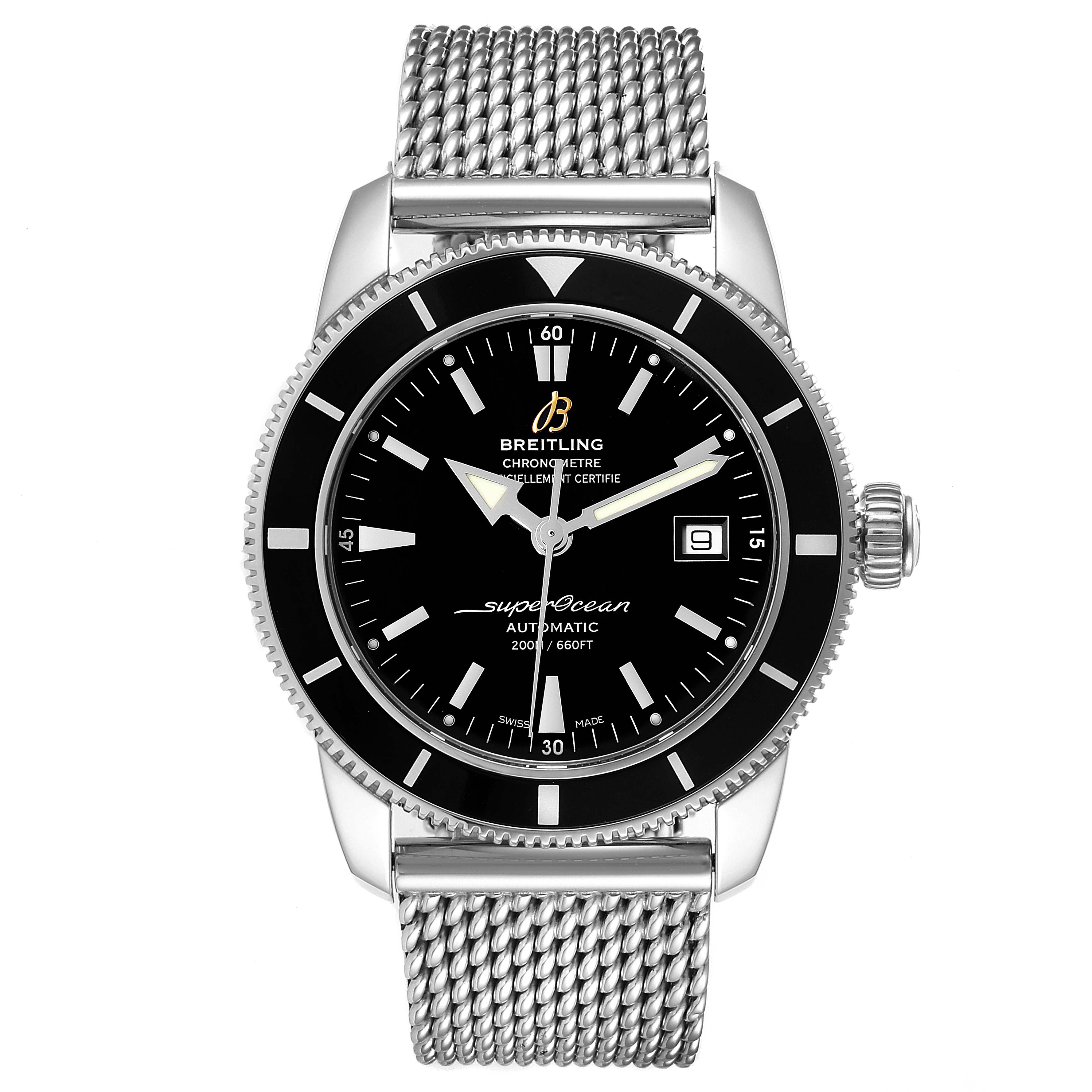 This image shows a front view of a Breitling Superocean A17321 Men's Stainless Steel Black Dial A17321 Men's Stainless Steel Black Dial watch, highlighting its face, bezel, and mesh bracelet.