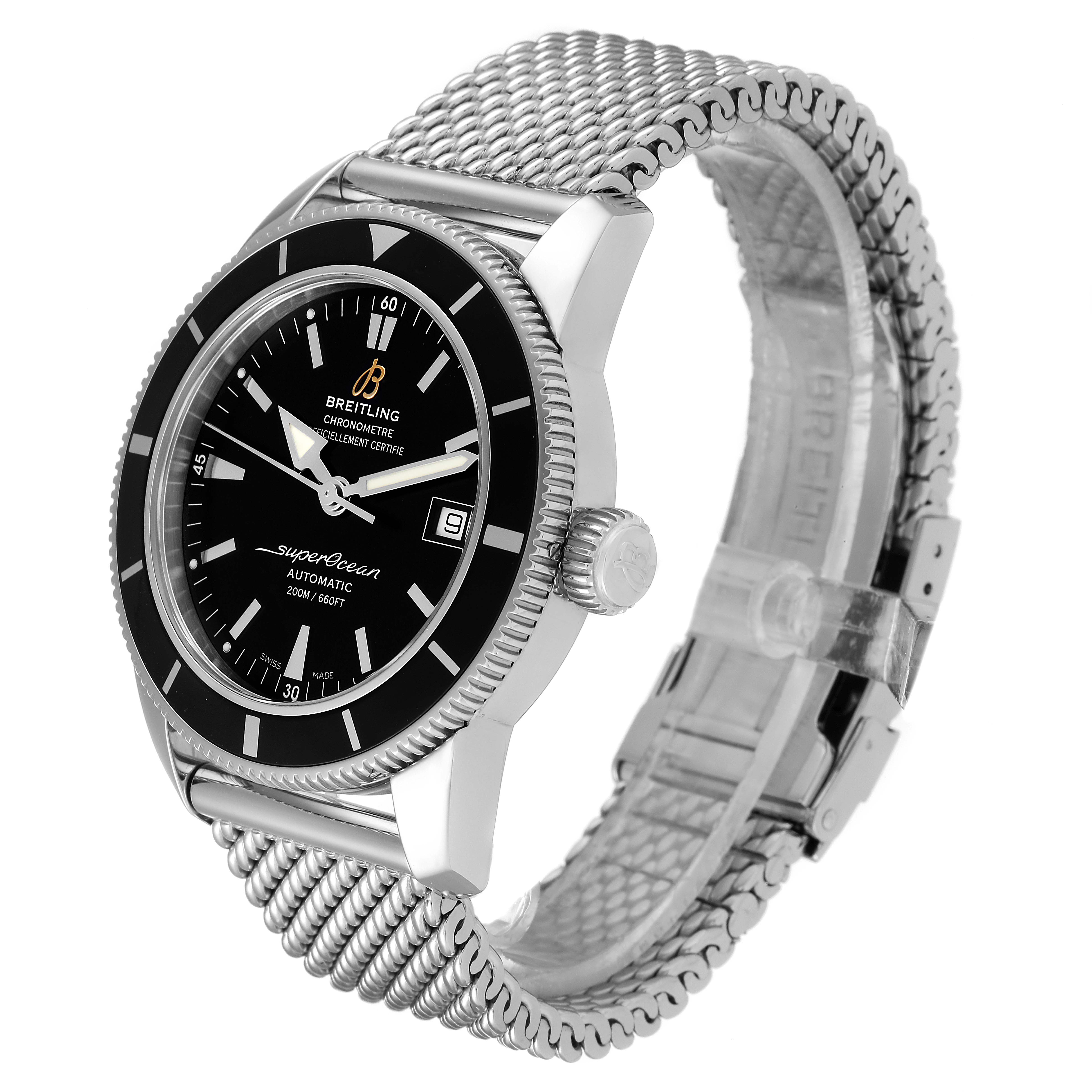 The Breitling Superocean A17321 Men's Stainless Steel Black Dial A17321 Men's Stainless Steel Black Dial watch is shown at a three-quarter angle, highlighting its black dial, bezel, crown, and metal mesh bracelet.