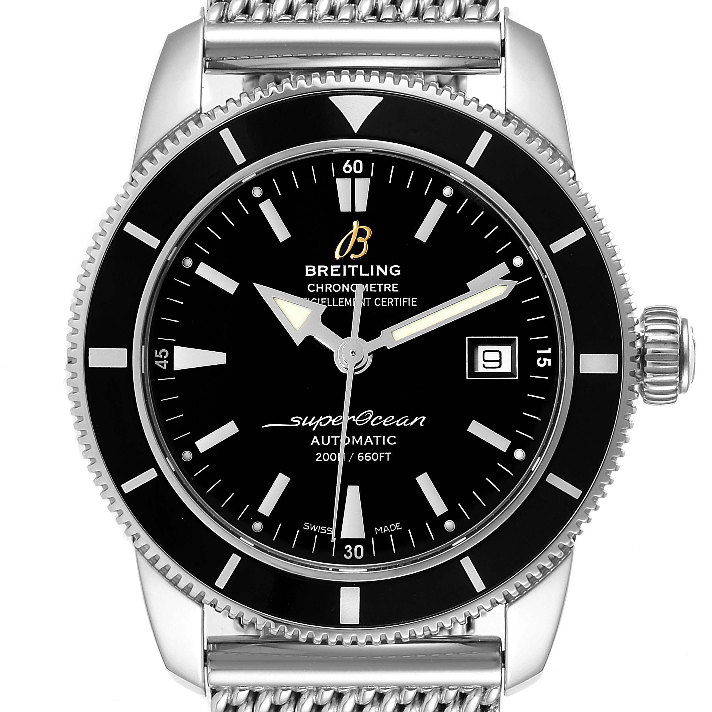 This image shows a Breitling Superocean A17321 Men's Stainless Steel Black Dial A17321 Men's Stainless Steel Black Dial watch from a straight-on angle, featuring the face, bezel, and part of the strap.