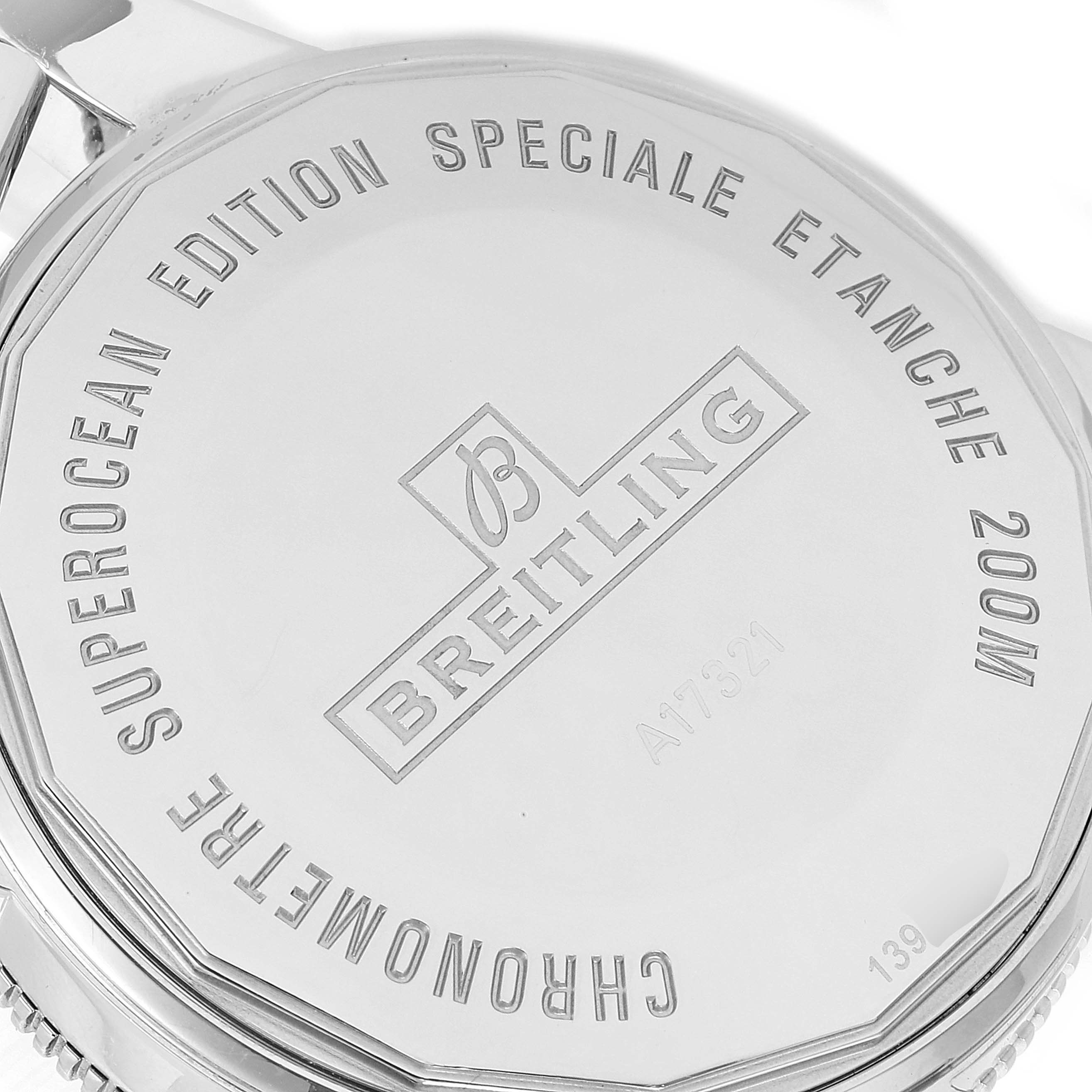 The image shows the case back of a Breitling Superocean A17321 Men's Stainless Steel Black Dial A17321 Men's Stainless Steel Black Dial watch, highlighted with branding and specifications.