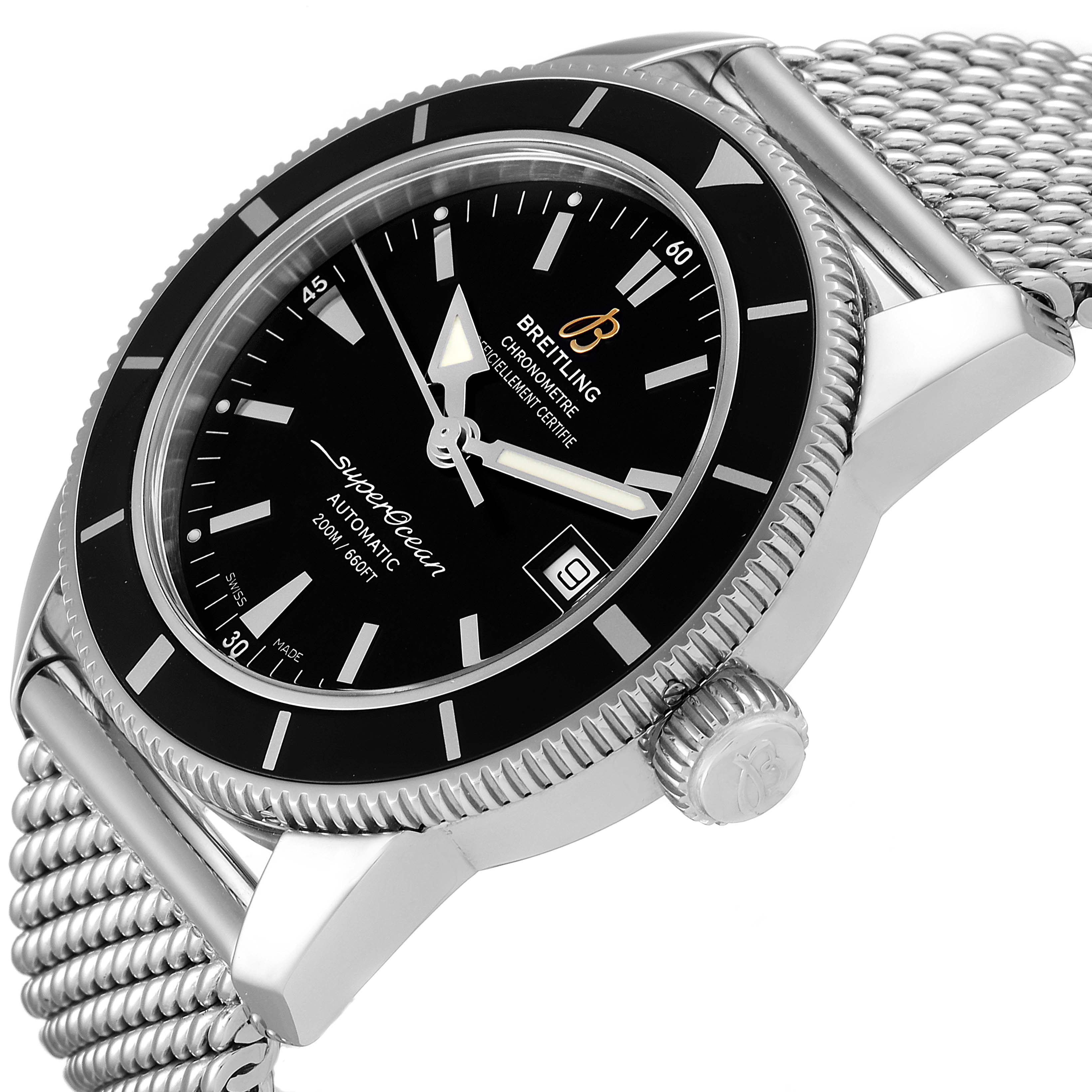 The image shows a side angle view of a Breitling Superocean A17321 Men's Stainless Steel Black Dial A17321 Men's Stainless Steel Black Dial watch displaying the face, bezel, crown, and part of the metal bracelet.