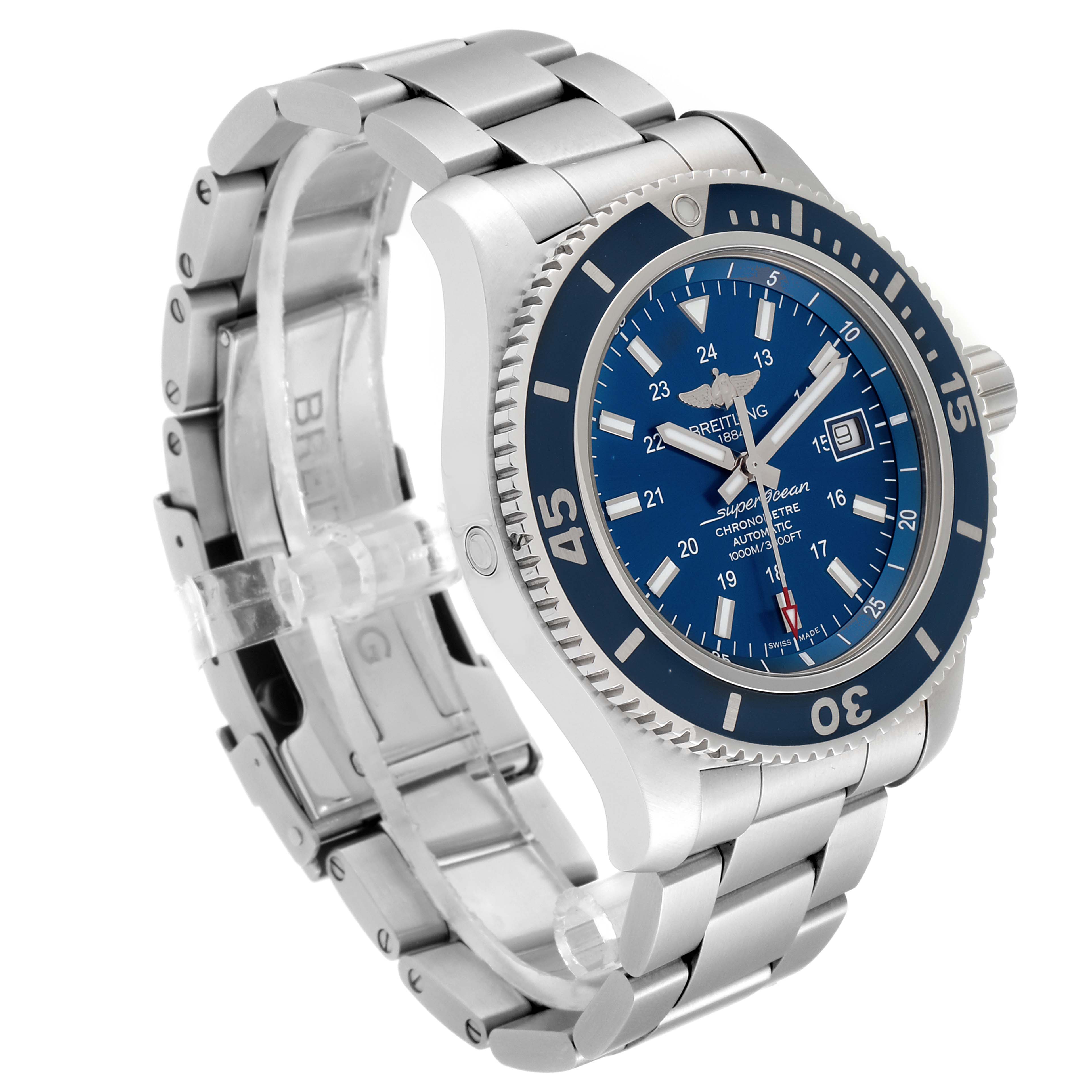 The image shows a Breitling Superocean A17392 Men's Stainless Steel Blue Dial A17392 Men's Stainless Steel Blue Dial watch at a three-quarter angle, highlighting its blue dial, bezel, and stainless steel bracelet.