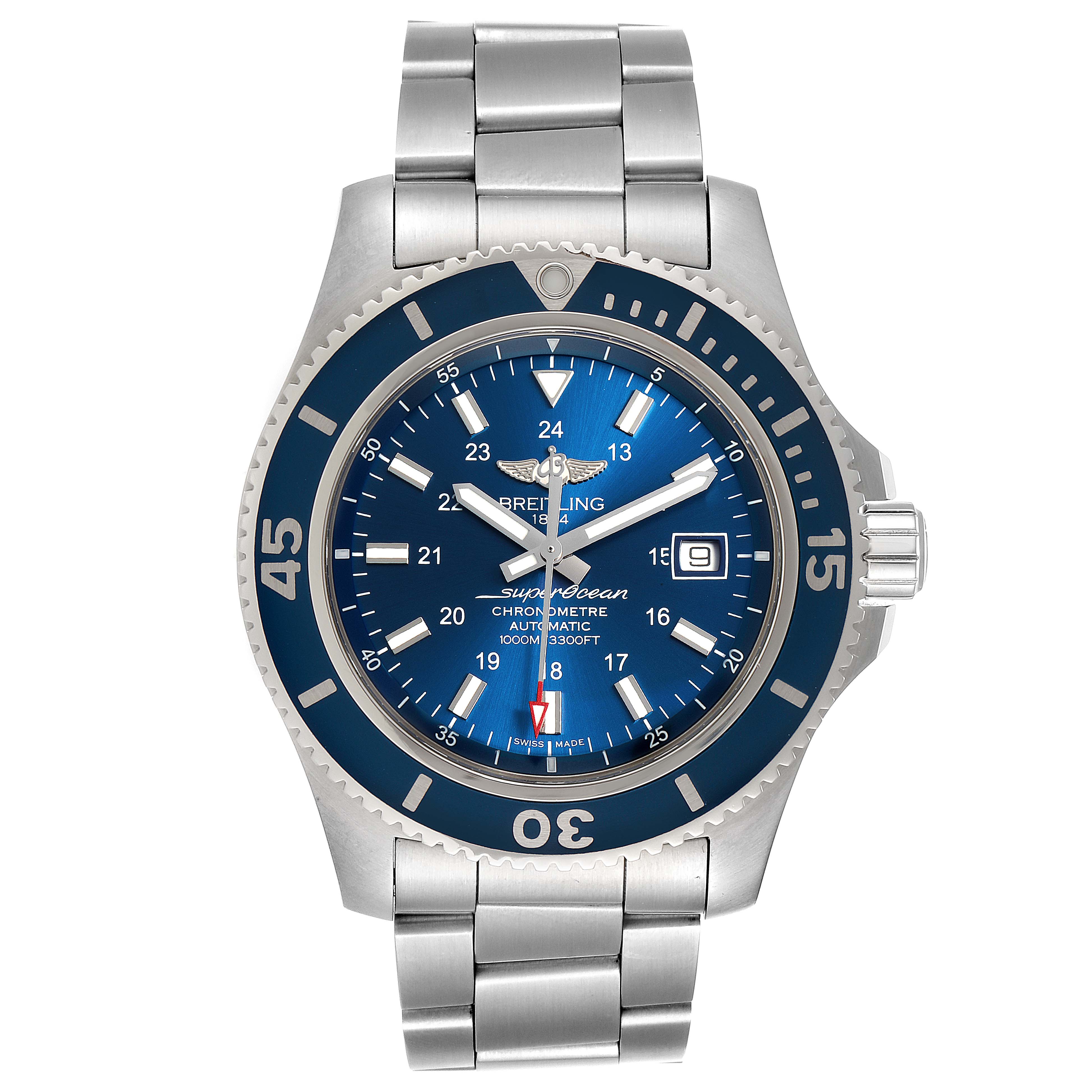 This image shows a full frontal view of the Breitling Superocean A17392 Men's Stainless Steel Blue Dial A17392 Men's Stainless Steel Blue Dial watch, highlighting its dial, bezel, and stainless steel bracelet.