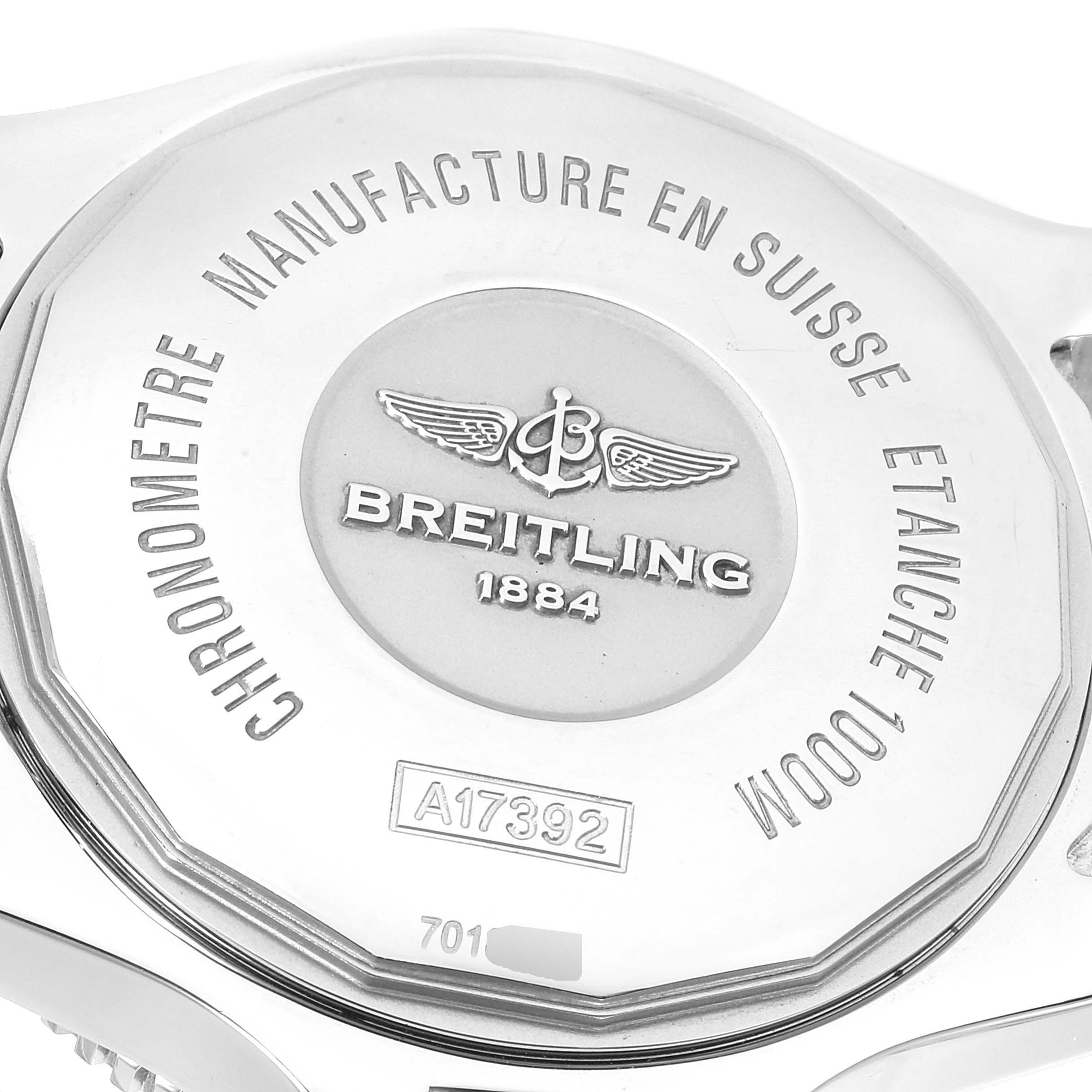 This image shows the back case of the Breitling Superocean A17392 Men's Stainless Steel Blue Dial A17392 Men's Stainless Steel Blue Dial watch at a close-up angle.