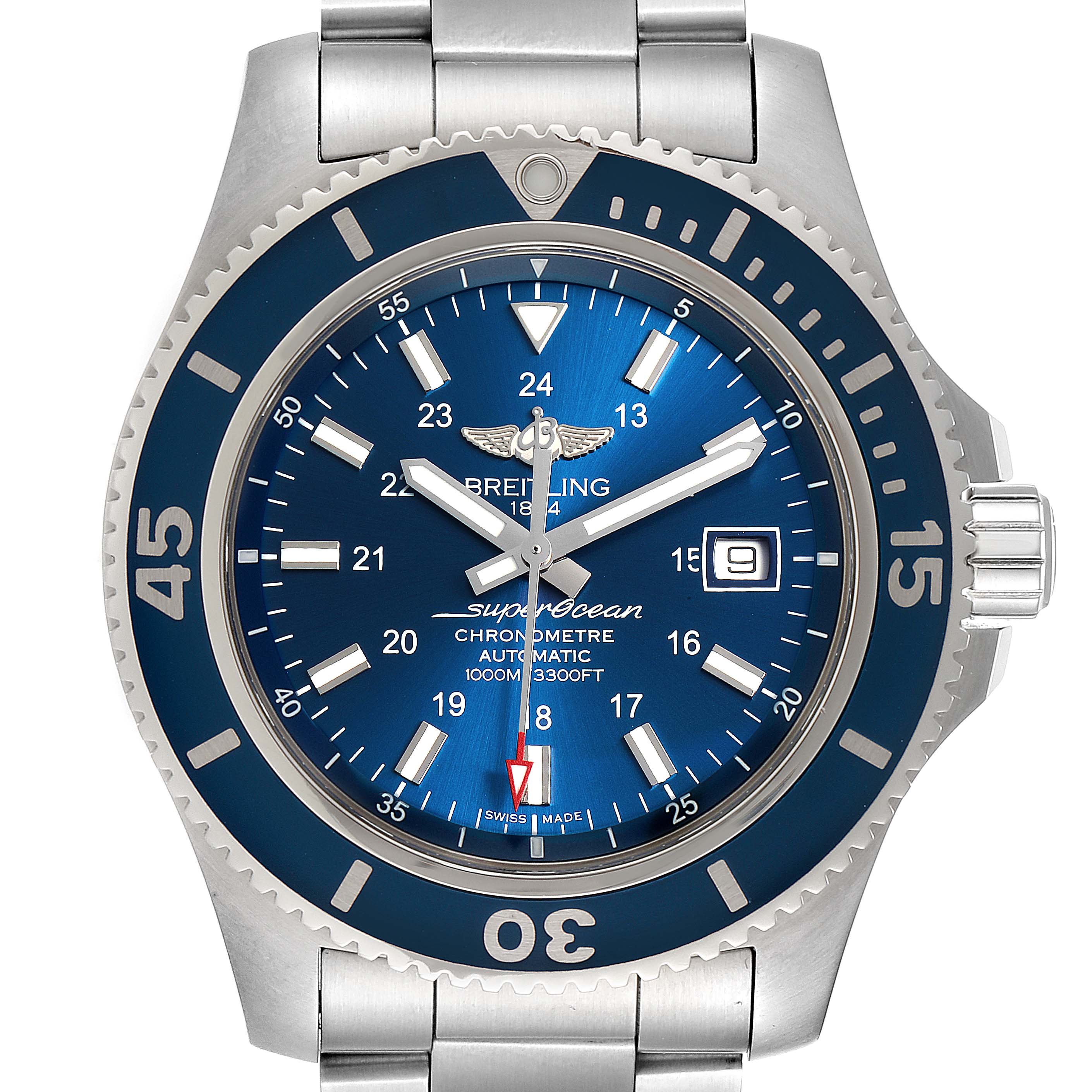 The image shows a front view of the Breitling Superocean A17392 Men's Stainless Steel Blue Dial A17392 Men's Stainless Steel Blue Dial watch, highlighting the blue dial, bezel, hour markers, and date display.