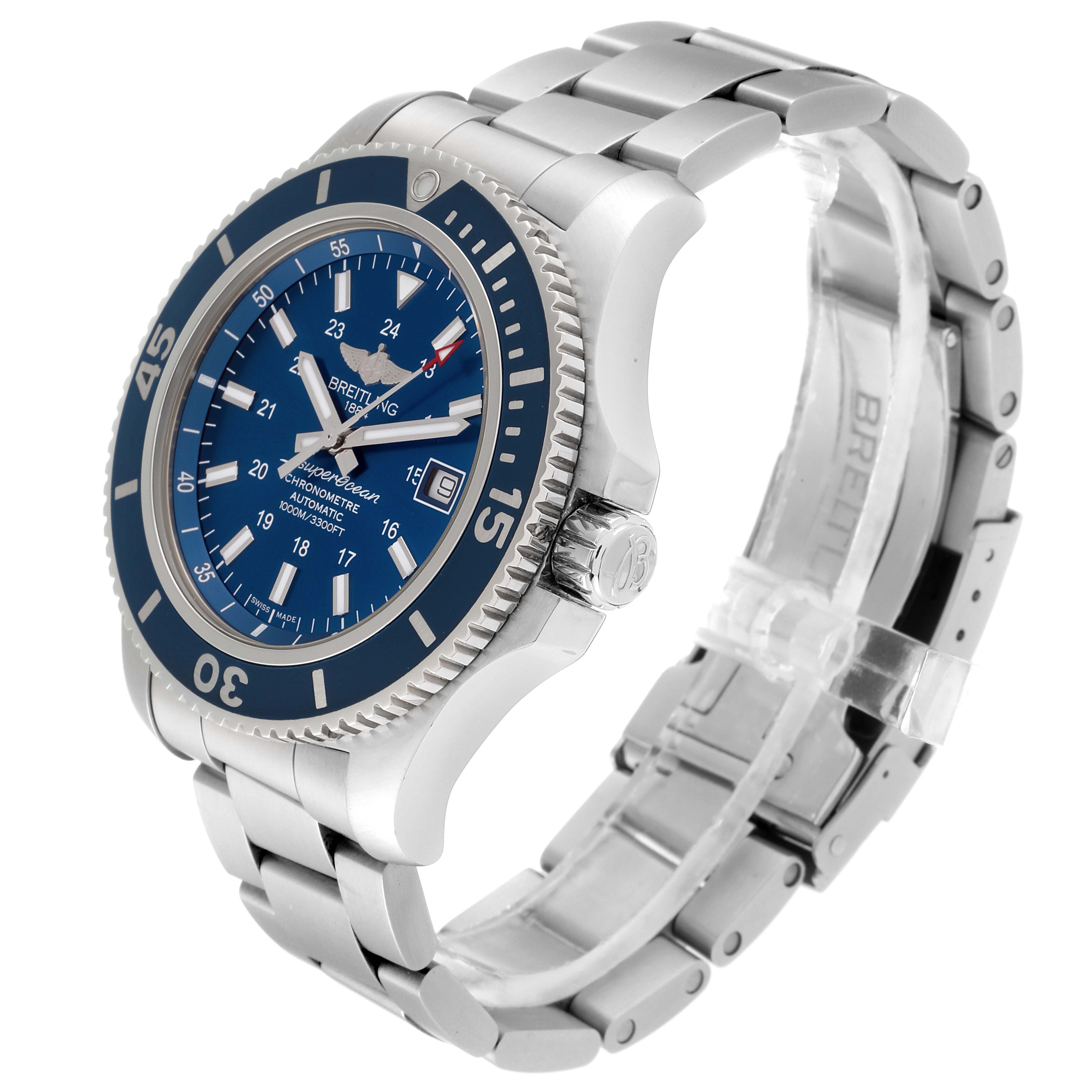 The image shows a side angle of a Breitling Superocean A17392 Men's Stainless Steel Blue Dial A17392 Men's Stainless Steel Blue Dial watch, featuring its blue dial, bezel, crown, and metal bracelet.