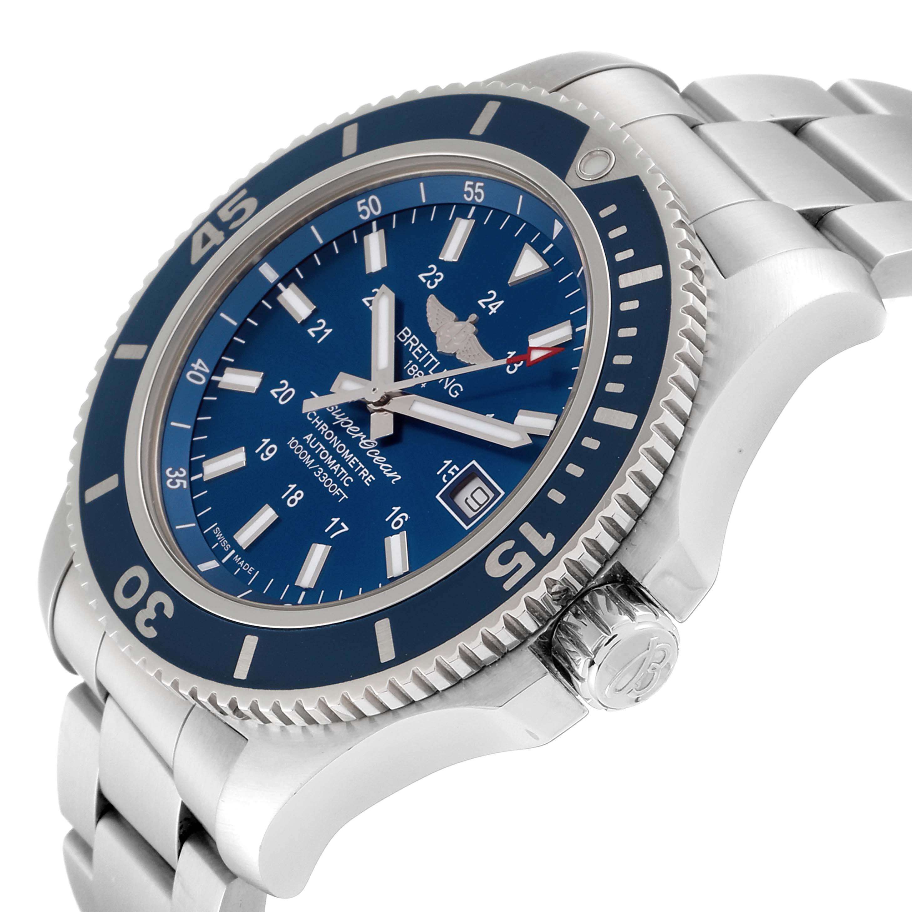 The image shows a close-up of the Breitling Superocean A17392 Men's Stainless Steel Blue Dial A17392 Men's Stainless Steel Blue Dial watch at an angle highlighting the bezel, dial, bracelet, and crown.