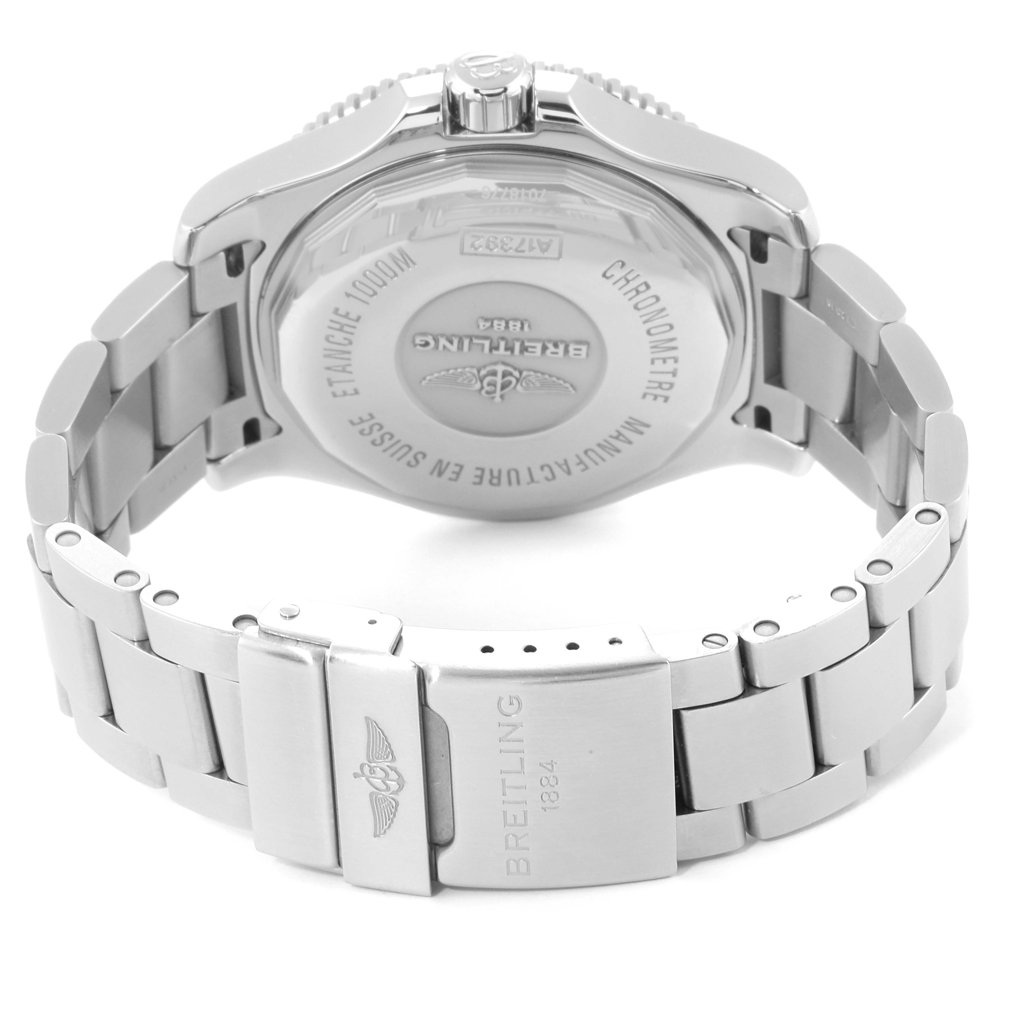 The image shows the back case and bracelet, including the clasp, of the Breitling Superocean A17392 Men's Stainless Steel Blue Dial A17392 Men's Stainless Steel Blue Dial model watch from an angled rear view.
