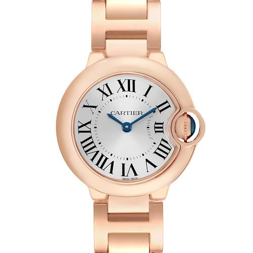 The image shows a Cartier Ballon Bleu W69002Z2 Women's Rose Gold Silver Dial watch from the front, highlighting the dial, Roman numerals, and metal bracelet.