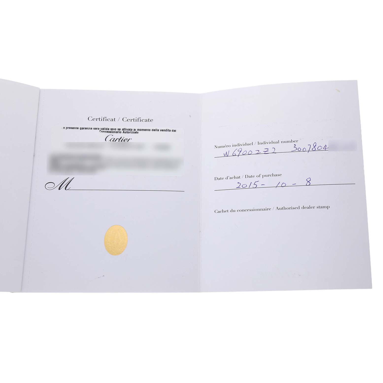 This image shows the opened certificate for a Cartier Ballon Bleu W69002Z2 Women's Rose Gold Silver Dial watch, displaying purchase details.