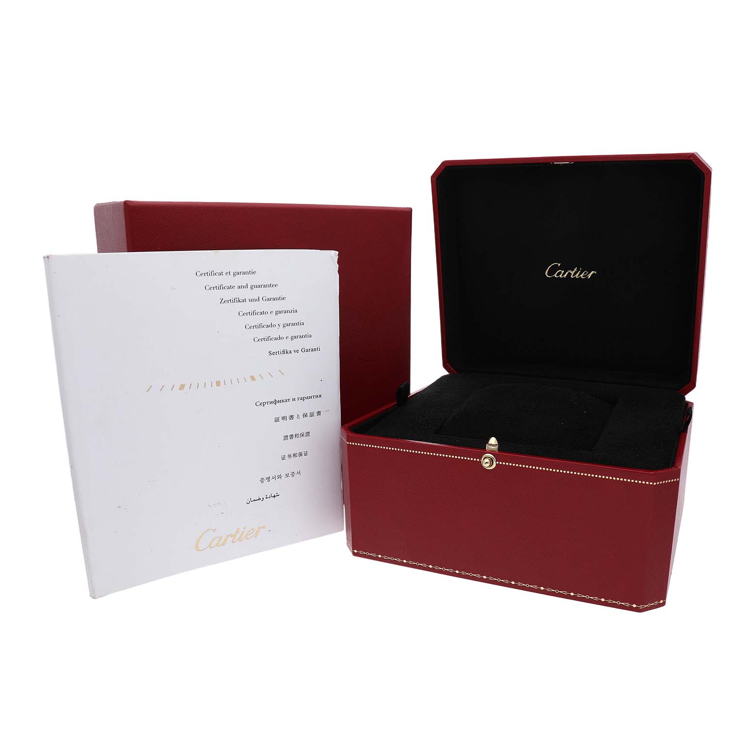 The image shows a red Cartier box and certificate for the Ballon Bleu model, with the box open displaying a velvet interior.