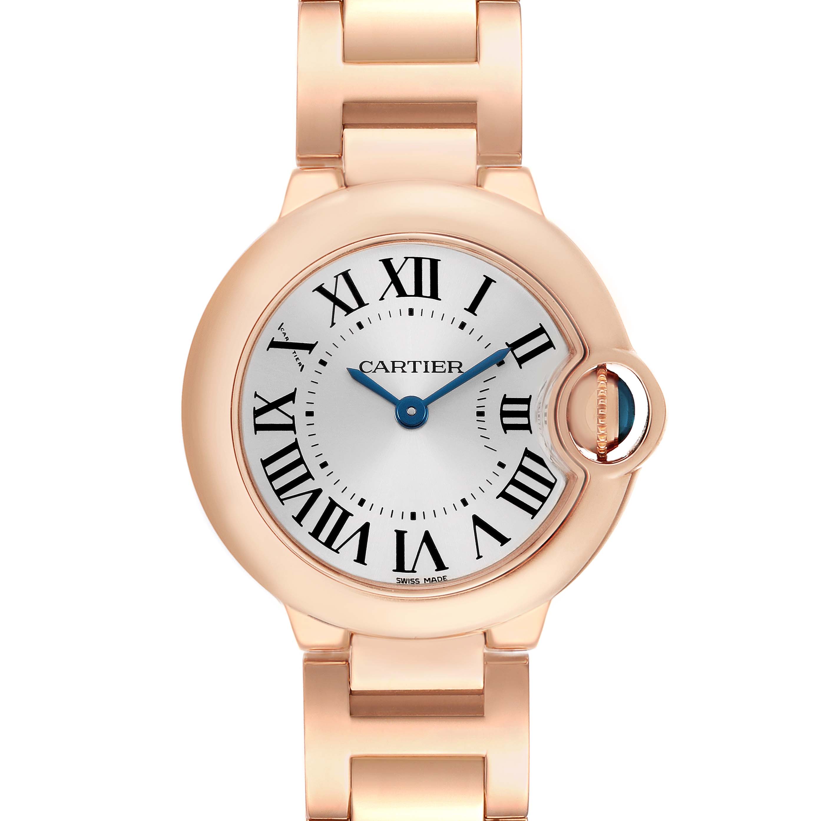 The Cartier Ballon Bleu W69002Z2 Women's Rose Gold Silver Dial watch is shown from a front view, highlighting the face, crown, and bracelet.