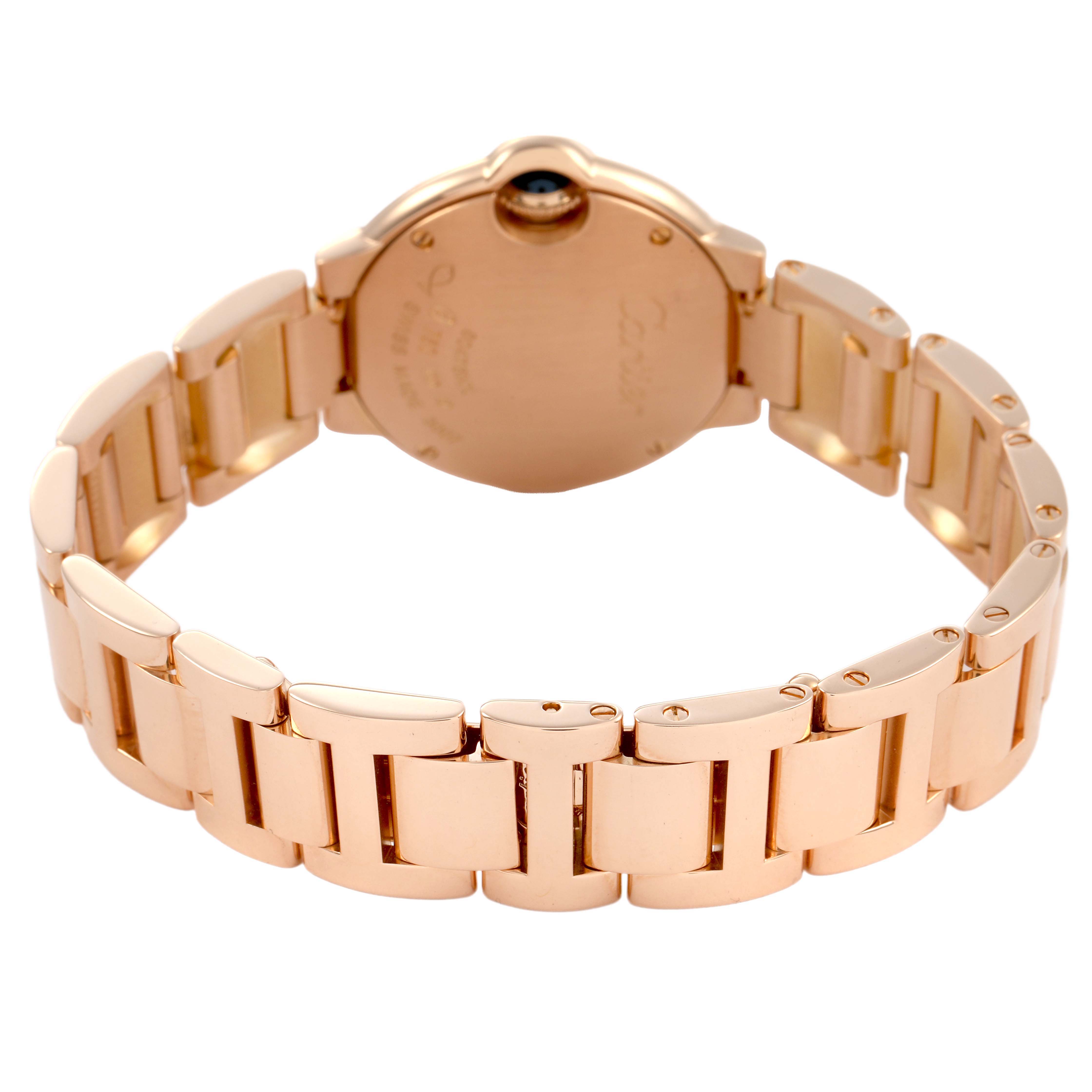 The Cartier Ballon Bleu W69002Z2 Women's Rose Gold Silver Dial watch is shown from the back, highlighting the case back and the bracelet links.