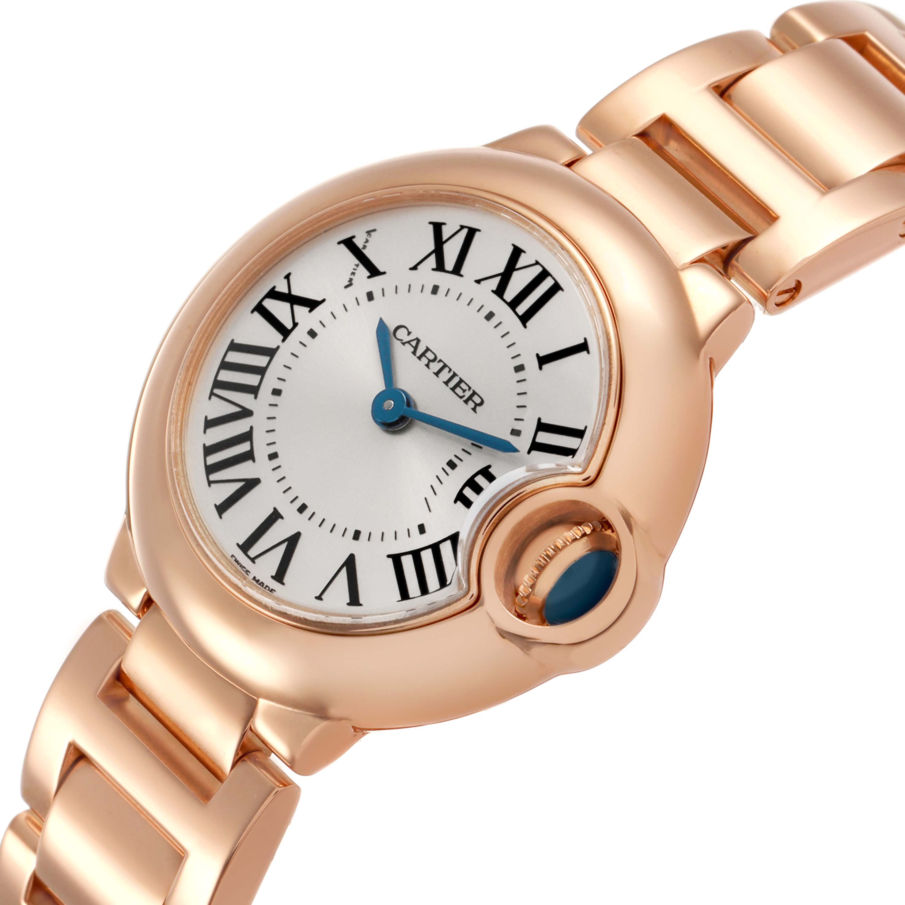 The Cartier Ballon Bleu W69002Z2 Women's Rose Gold Silver Dial watch is shown at a slight angle, highlighting the face, Roman numerals, and the distinct crown guard.