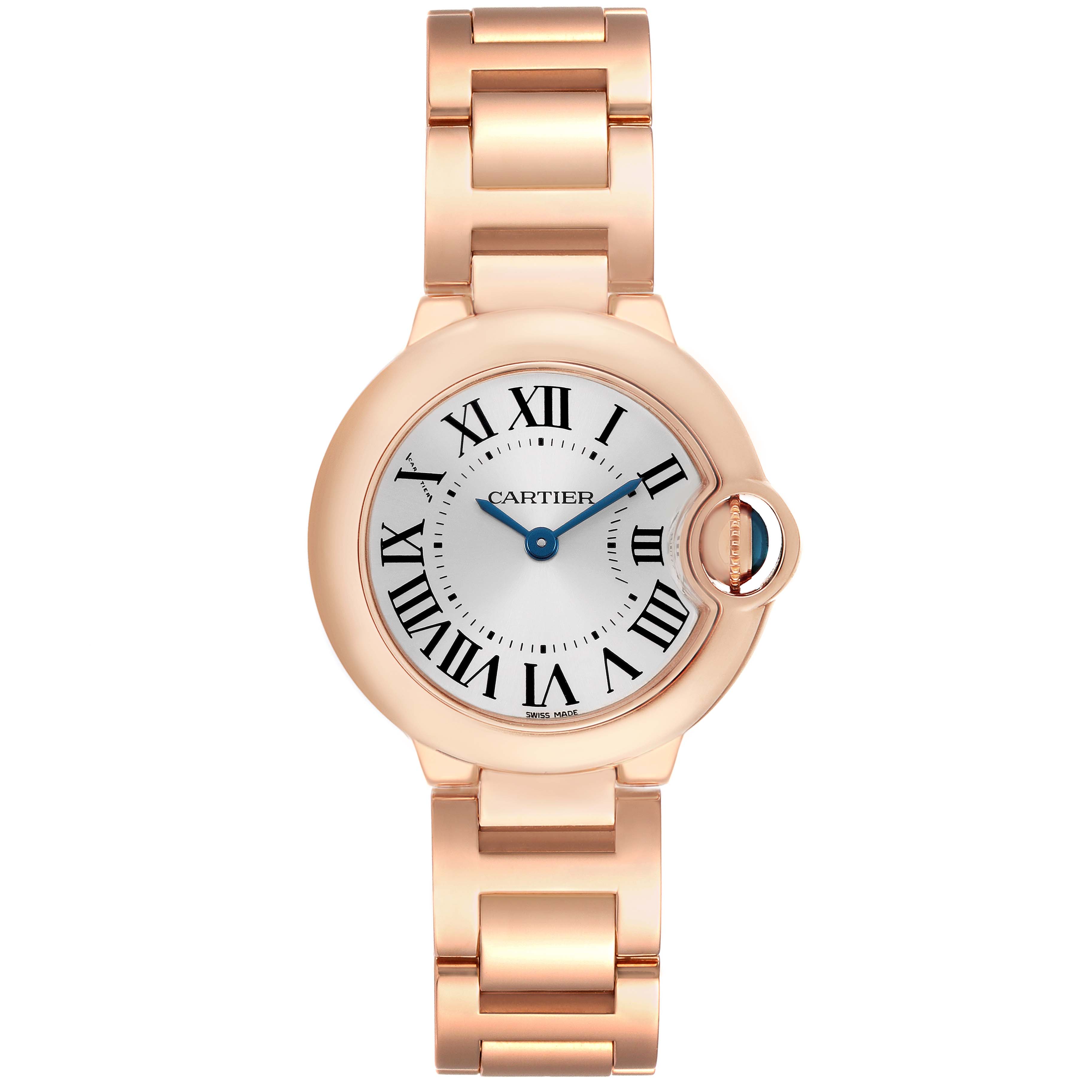 The Cartier Ballon Bleu W69002Z2 Women's Rose Gold Silver Dial watch is shown from a top-down angle, highlighting the face, bezel, and bracelet.