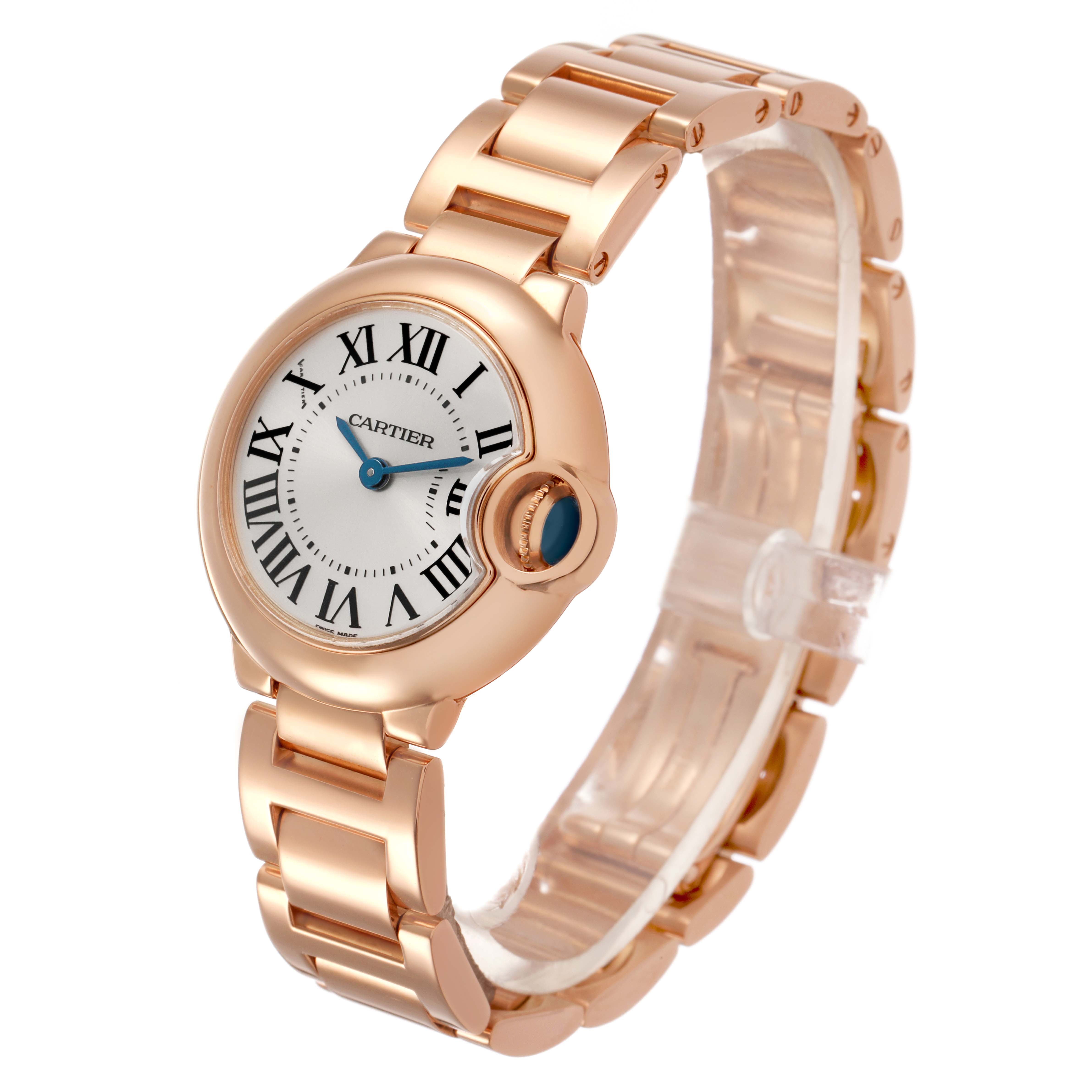 The Cartier Ballon Bleu W69002Z2 Women's Rose Gold Silver Dial watch is shown at a three-quarter angle, highlighting the dial, bracelet, and crown.