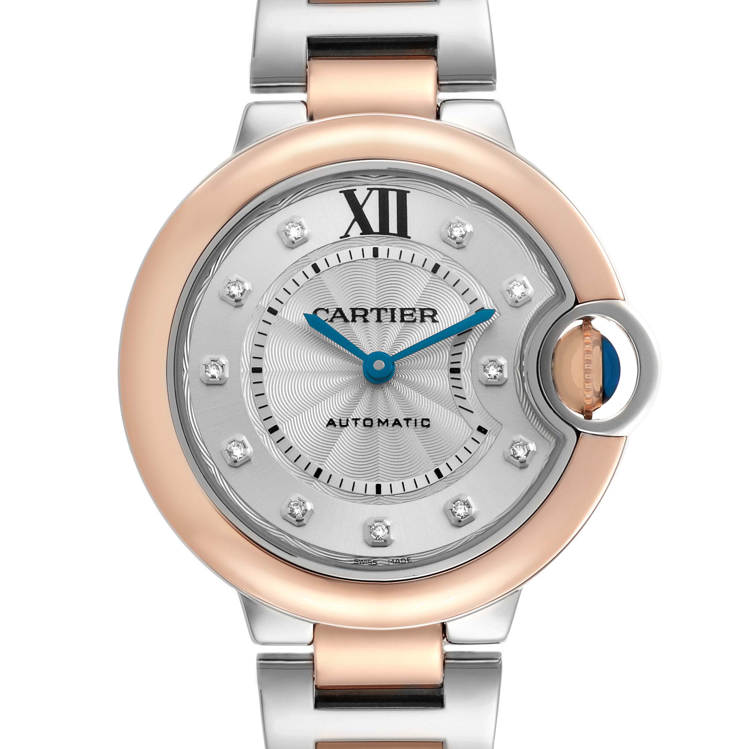 The image shows a frontal view of the Cartier Ballon Bleu W3BB0006 Women's Steel and Gold (two tone) Silver Dial watch, highlighting the dial, bezel, and bracelet.