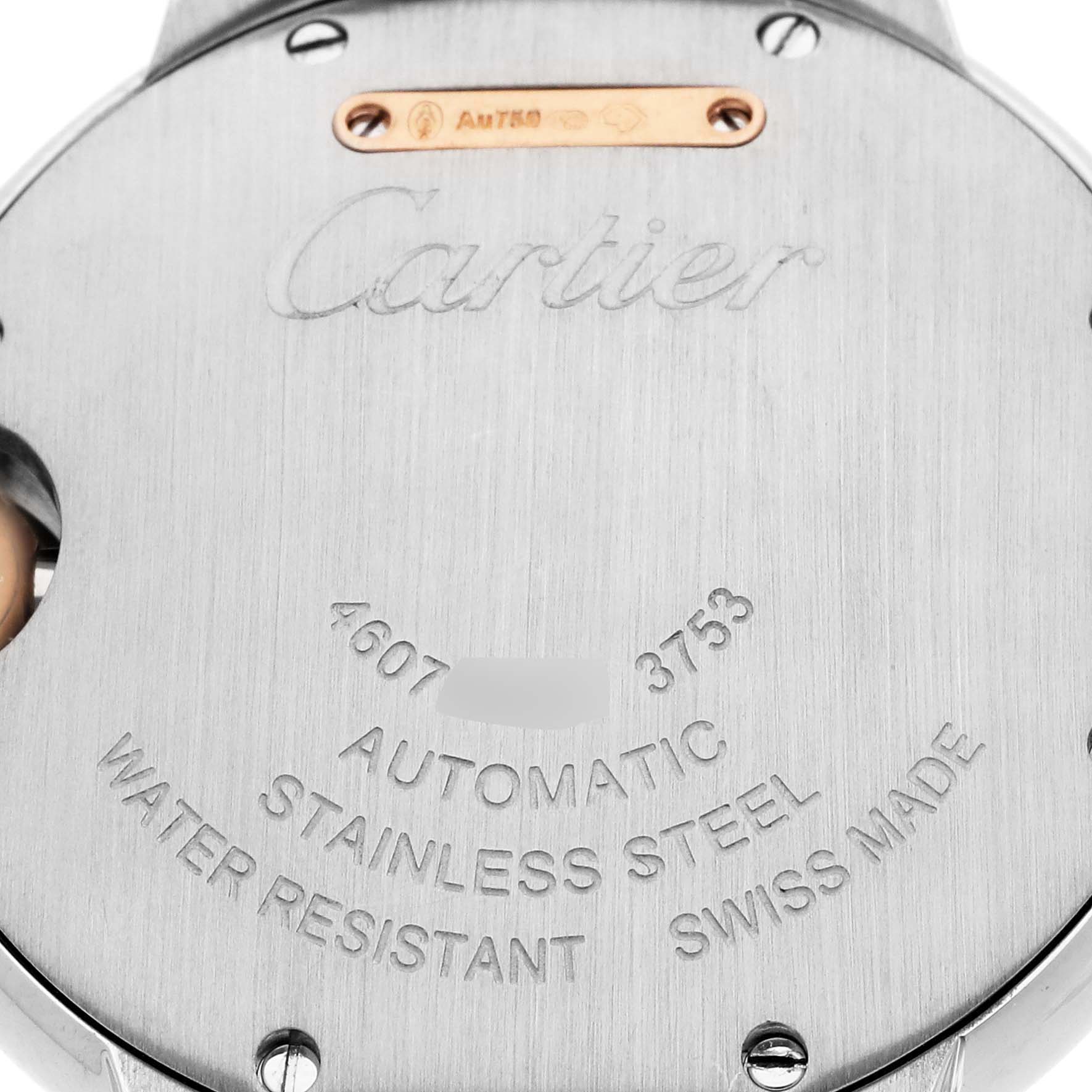 This image shows the back case of a Cartier Ballon Bleu W3BB0006 Women's Steel and Gold (two tone) Silver Dial watch, highlighting its engravings and metal finish.