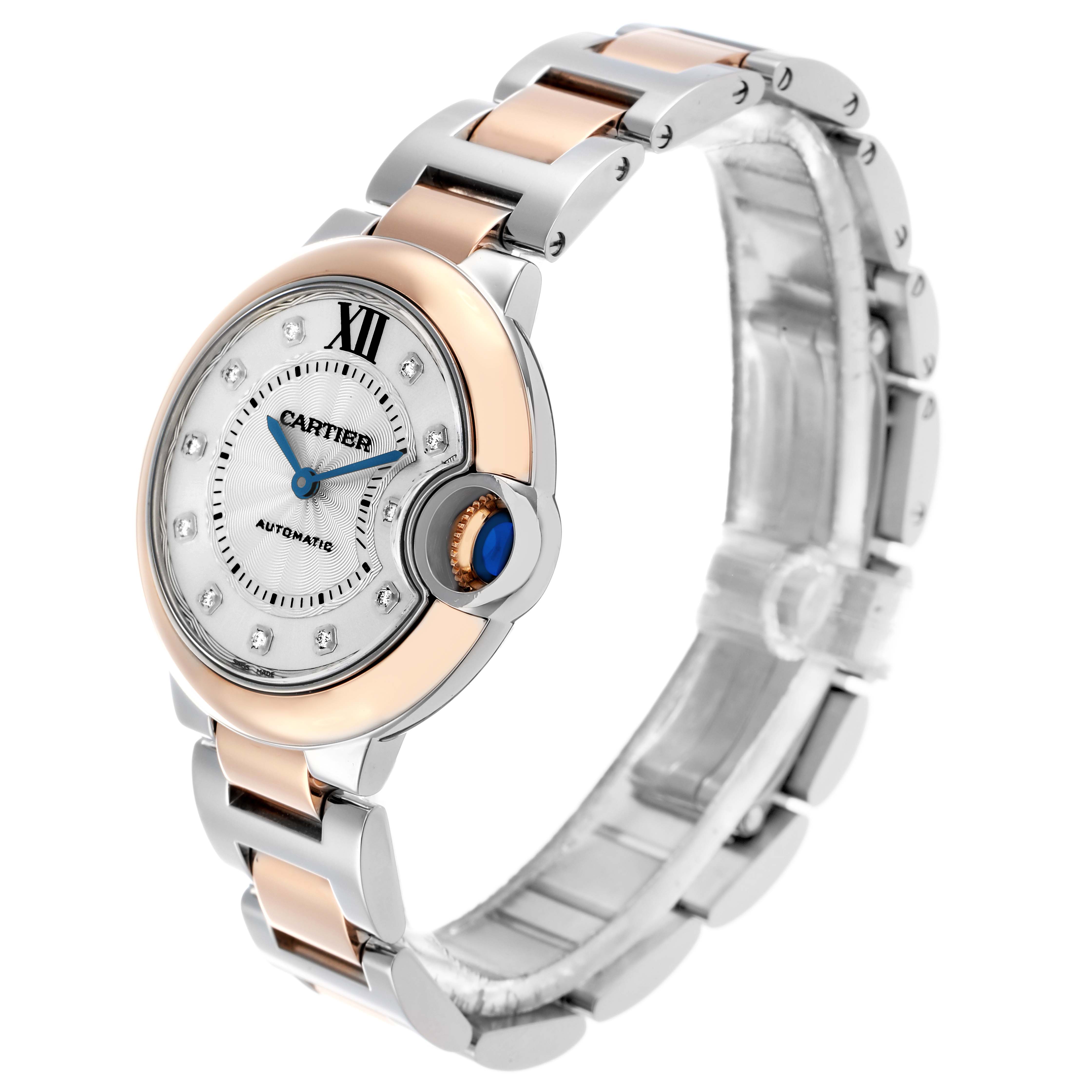 The Cartier Ballon Bleu W3BB0006 Women's Steel and Gold (two tone) Silver Dial watch is shown at a slight angle, highlighting the dial, bezel, crown, and bracelet.