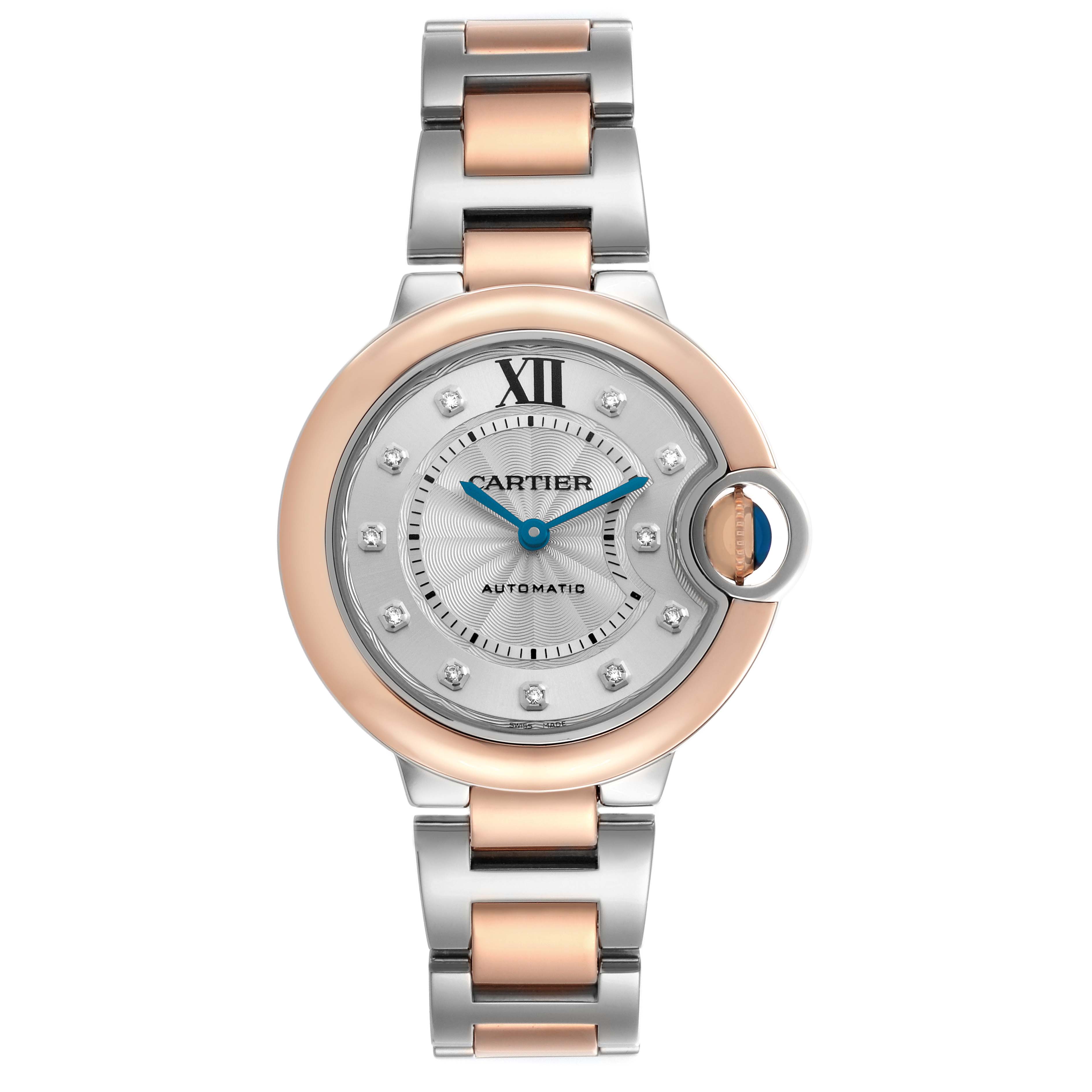 The Cartier Ballon Bleu W3BB0006 Women's Steel and Gold (two tone) Silver Dial watch is shown from a front angle, featuring the dial, rose gold and silver bracelet, and crown.