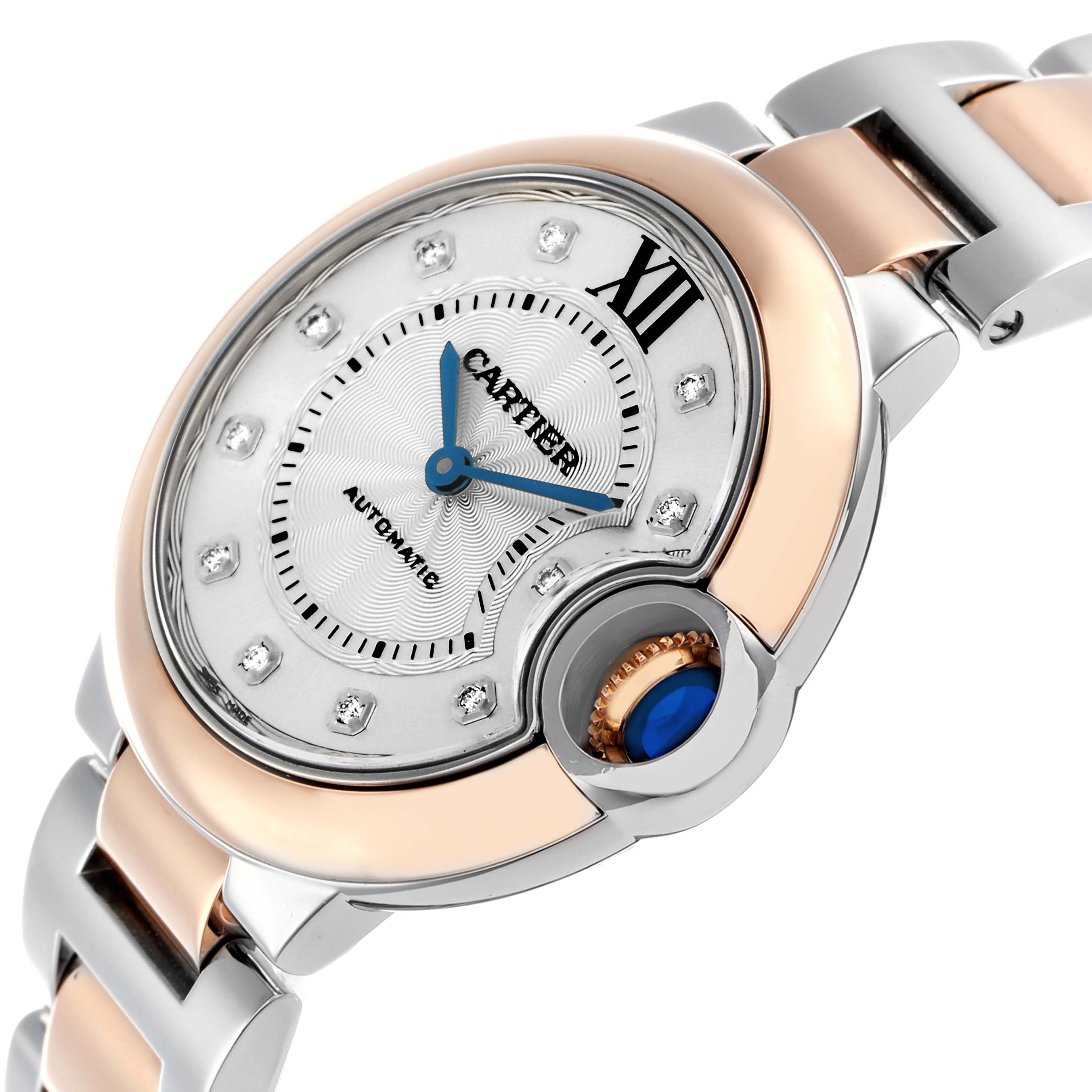 The image shows a close-up angled view of the Ballon Bleu de Cartier watch, highlighting the dial, crown, and part of the bracelet.