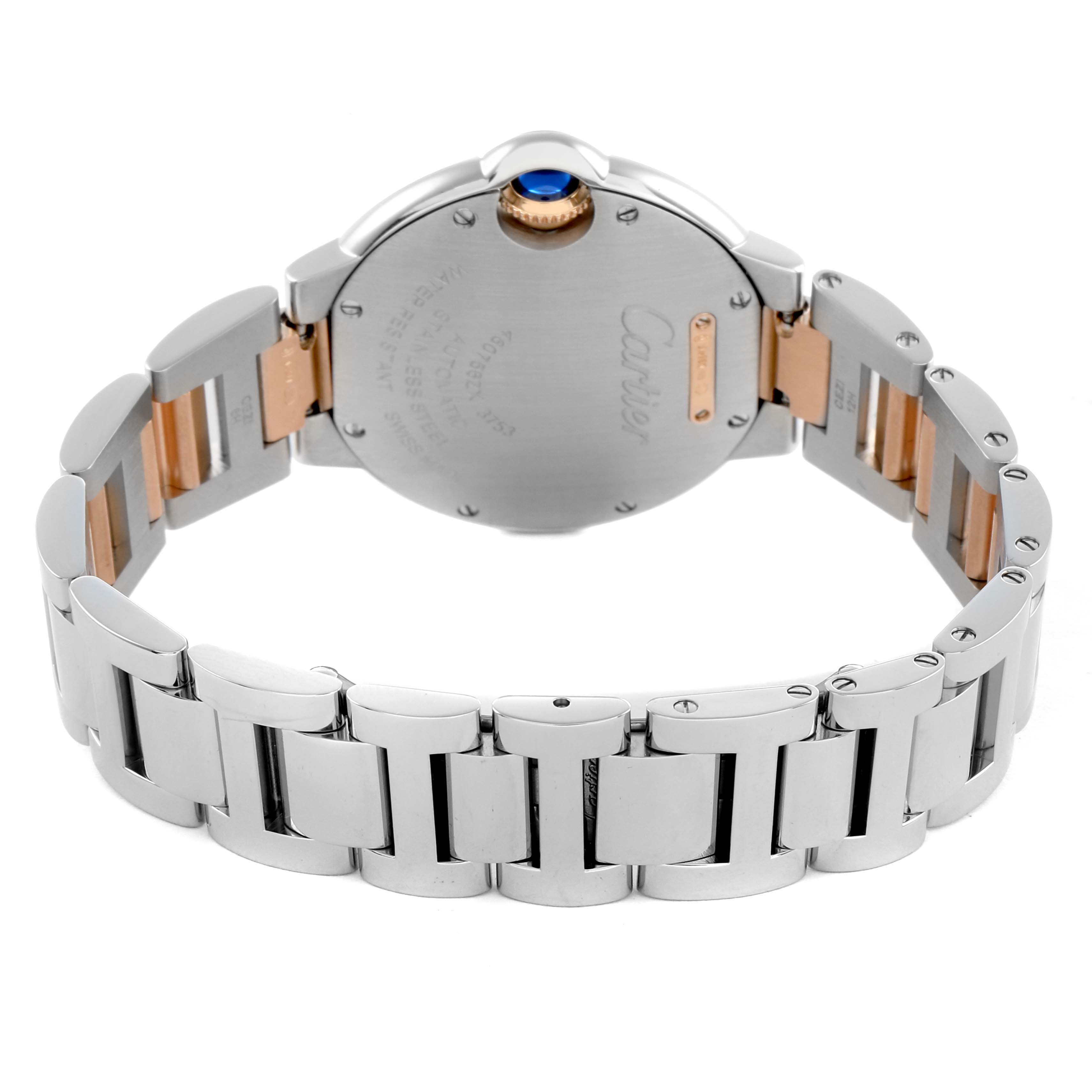 The image shows the back and bracelet of the Cartier Ballon Bleu W3BB0006 Women's Steel and Gold (two tone) Silver Dial watch, highlighting the case back and metal links.