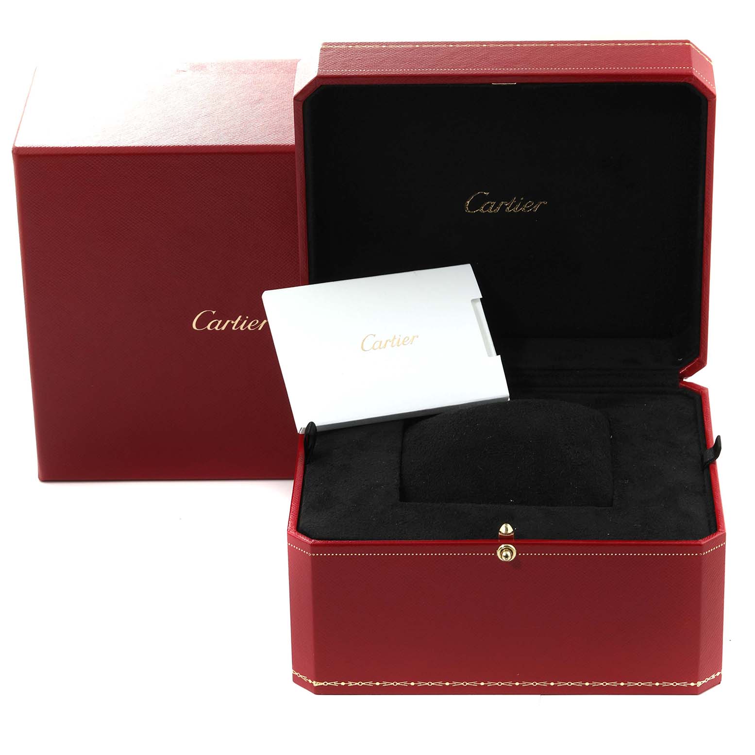 This image shows the Calibre de Cartier model's packaging, including an open red box and an instruction booklet.