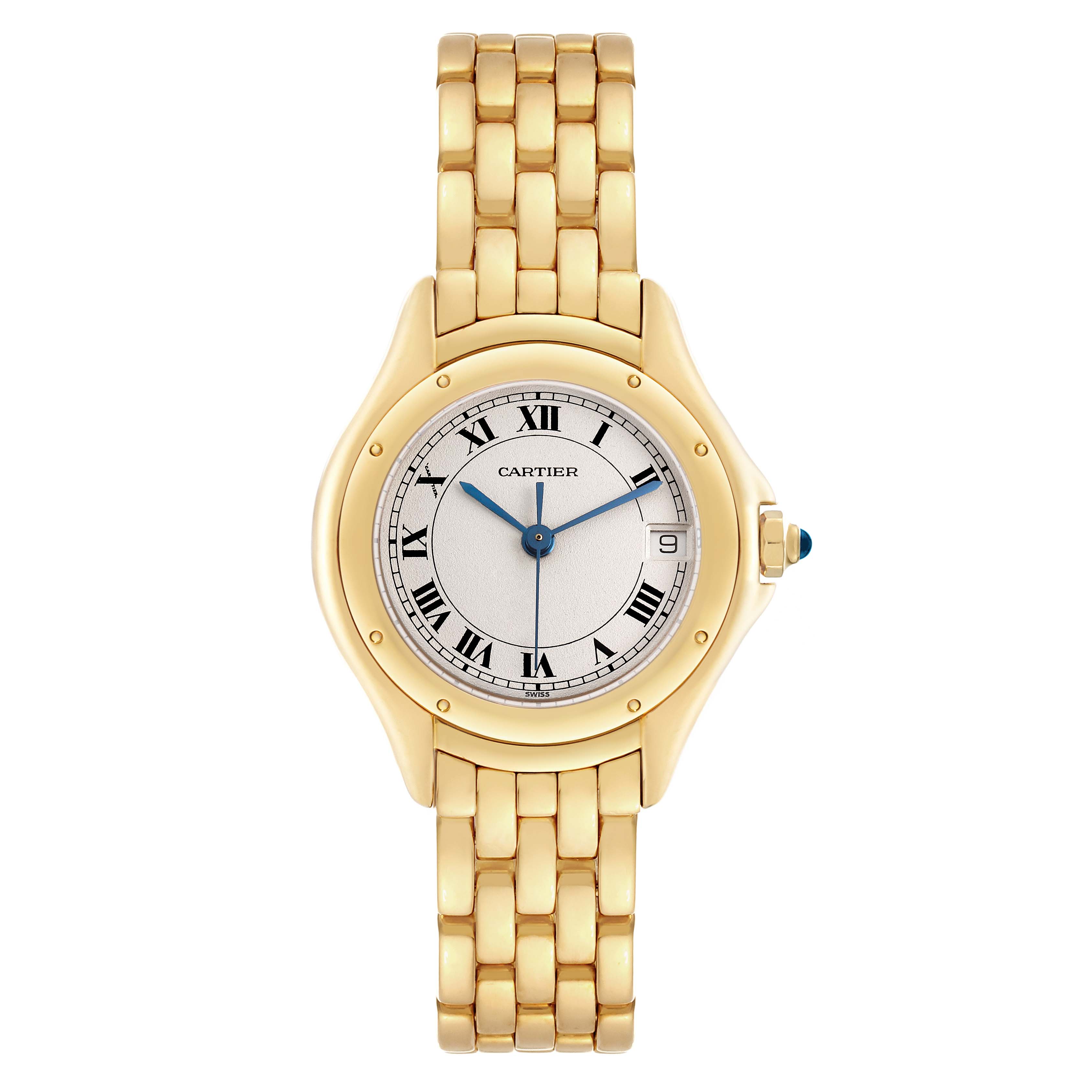 The Cartier Panthère watch is shown from the front, highlighting its gold bracelet, round case, and Roman numeral dial.