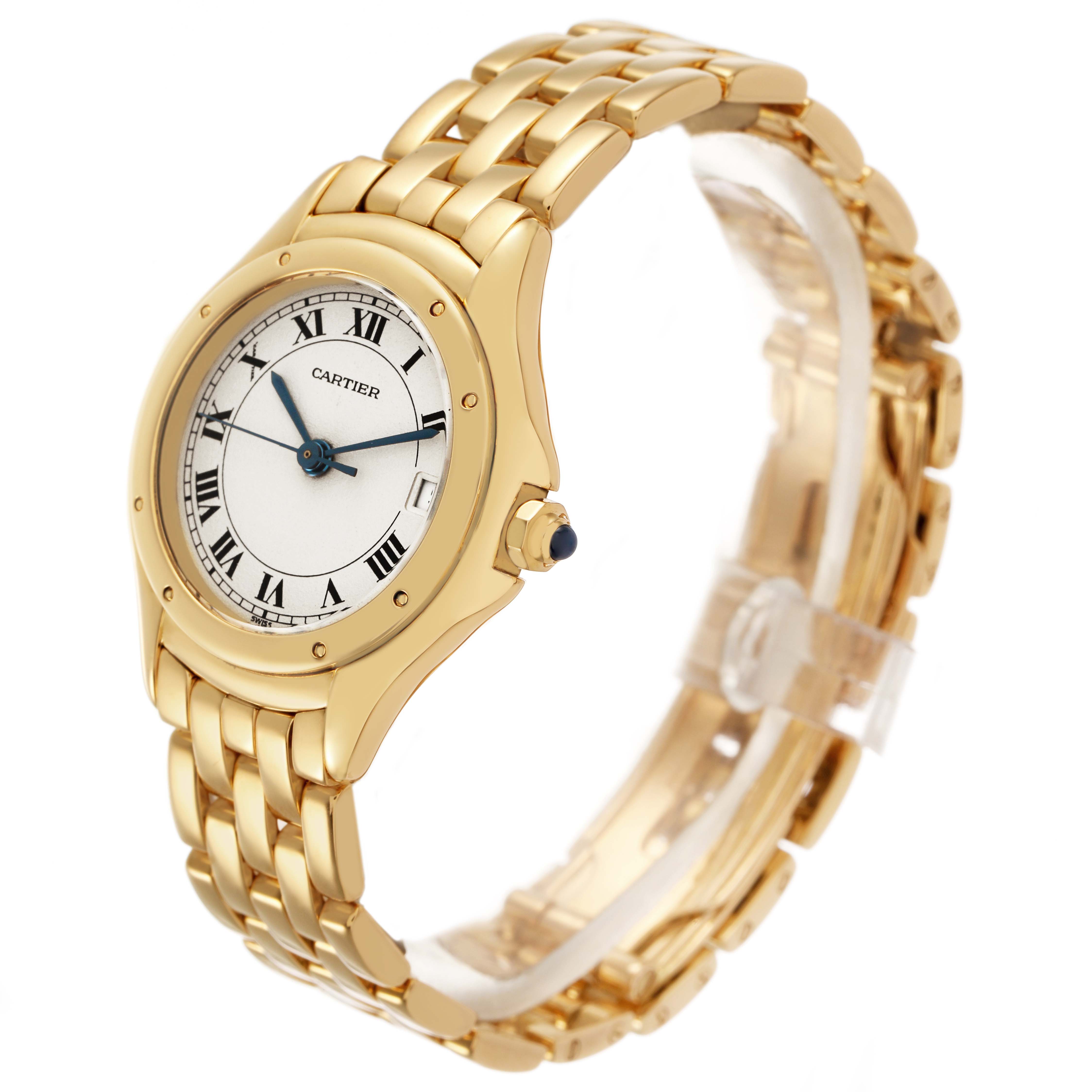 The Cartier Panthere 887906 Women's Yellow Gold Silver Dial watch is shown from the front-right angle, highlighting the gold case and bracelet.