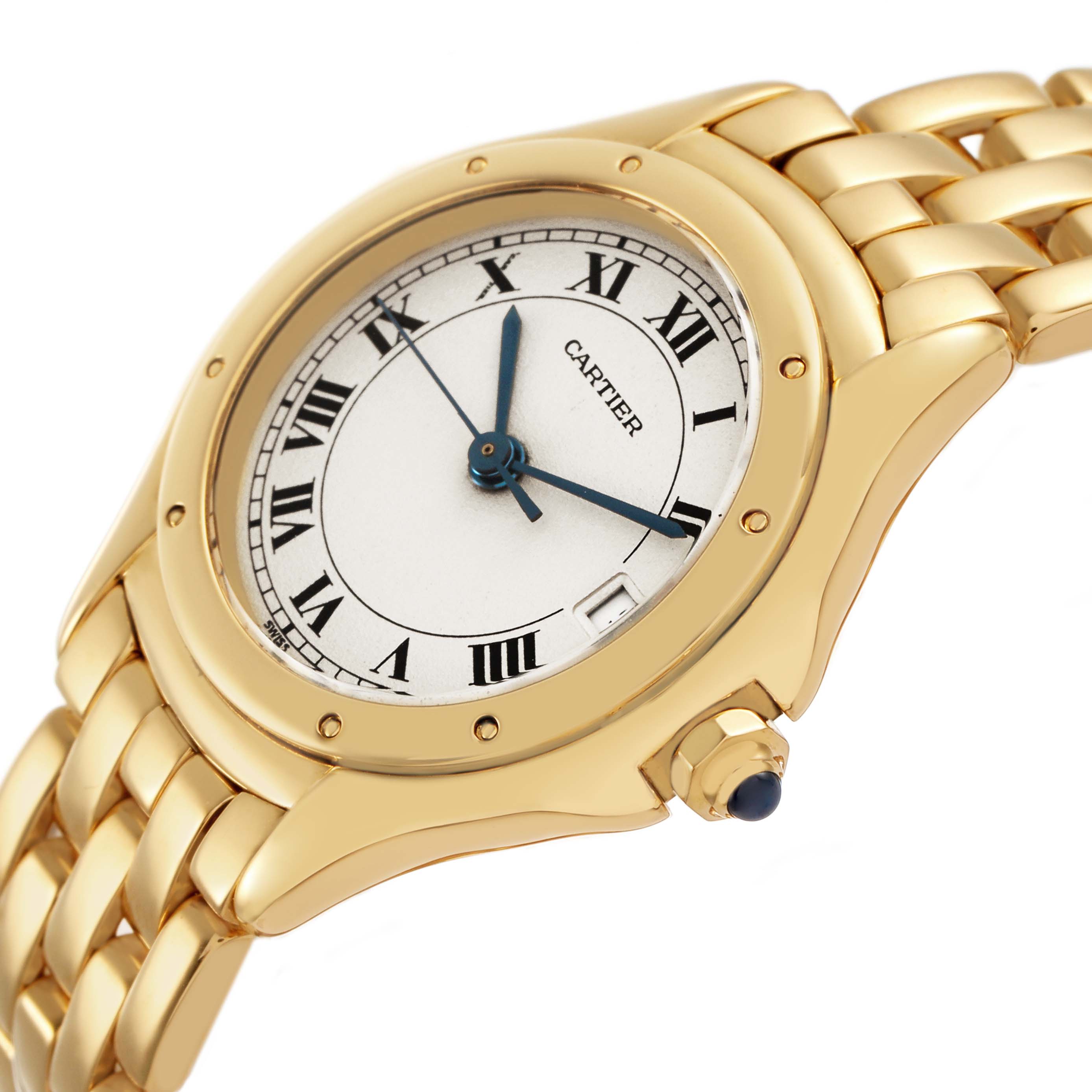 The Cartier Panthere 887906 Women's Yellow Gold Silver Dial watch is shown at a three-quarter angle, highlighting the gold case, dial, hands, and bracelet.