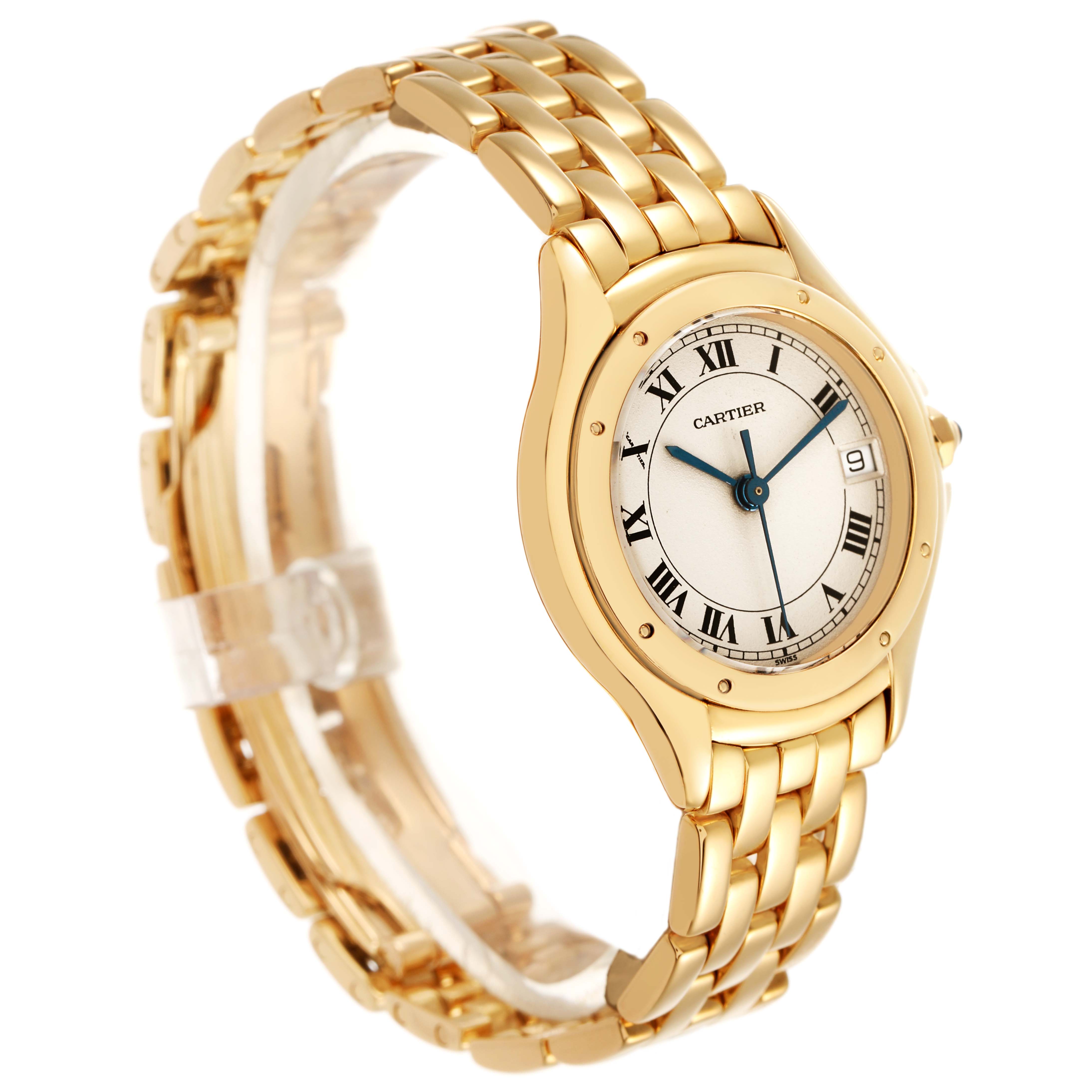The Cartier Panthere 887906 Women's Yellow Gold Silver Dial watch is shown at a three-quarter angle, displaying its gold bracelet, case, and dial with Roman numerals.