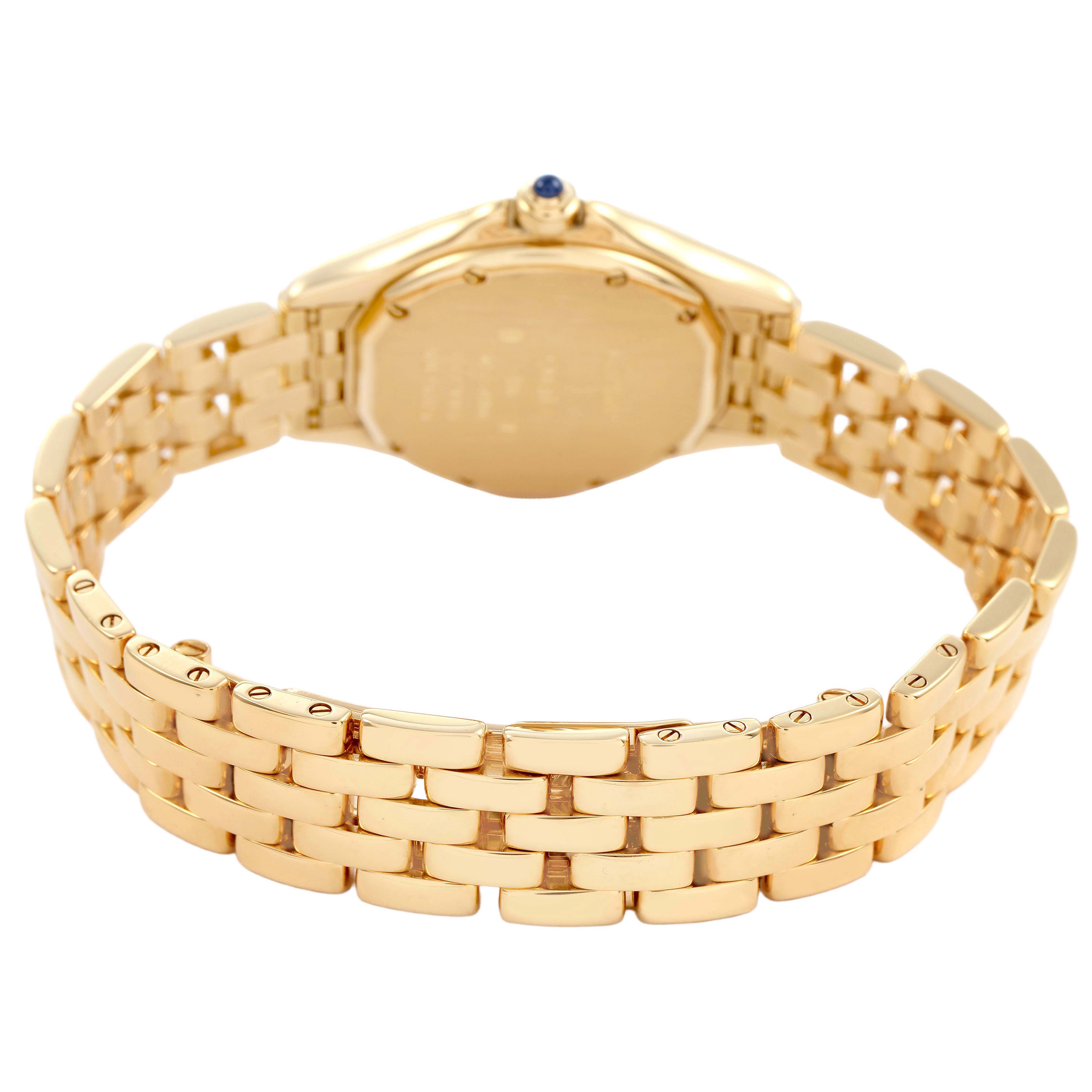 The Cartier Panthere 887906 Women's Yellow Gold Silver Dial watch is shown from the back, highlighting the gold bracelet and case back.