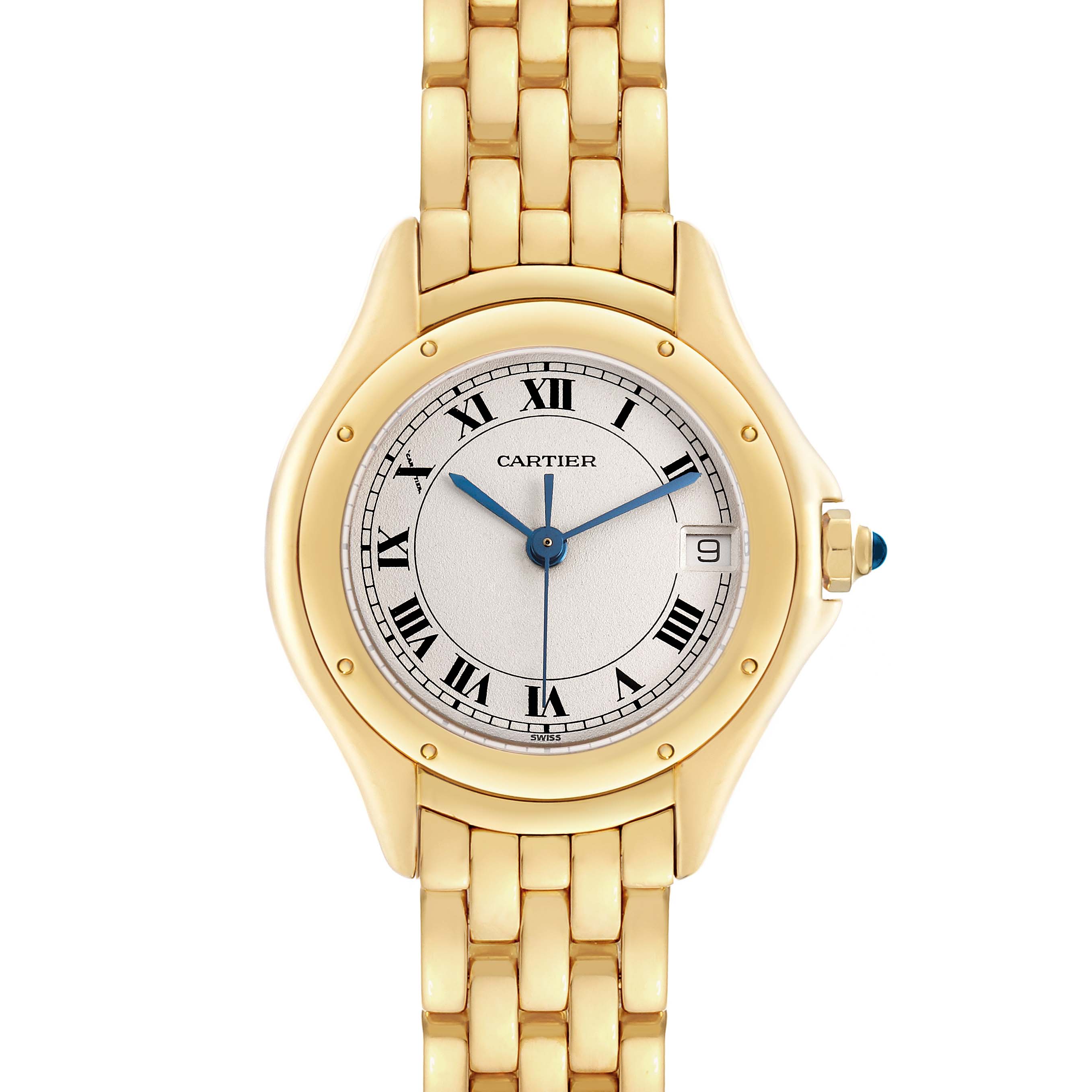 The Cartier Panthere 887906 Women's Yellow Gold Silver Dial watch is shown from a top view, highlighting its gold case, Roman numeral dial, and linked bracelet.