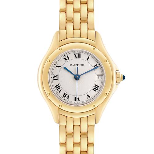 The image shows a front view of the Cartier Panthère watch, highlighting its gold case, bracelet, Roman numeral dial, and blue hands.