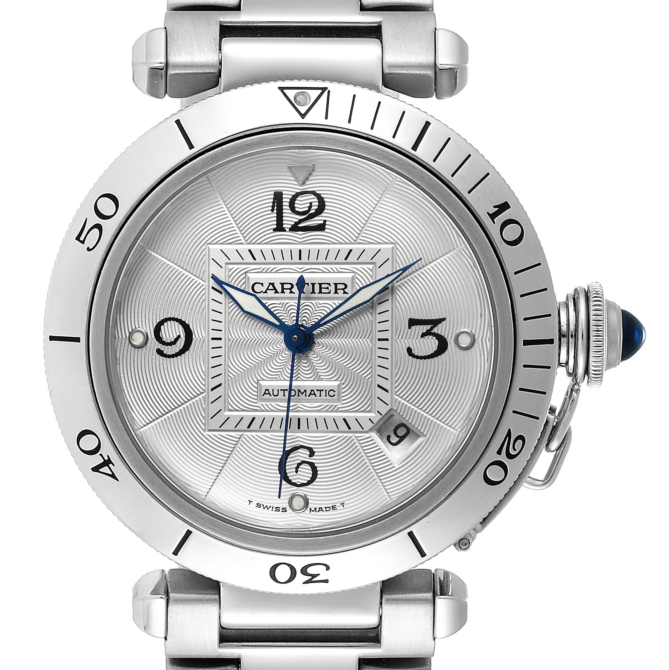 The image shows a frontal view of a Cartier Pasha W31059H3 Men's Stainless Steel Silver Dial W31059H3 Men's Stainless Steel Silver Dial watch, highlighting its face, bezel, and partial bracelet.