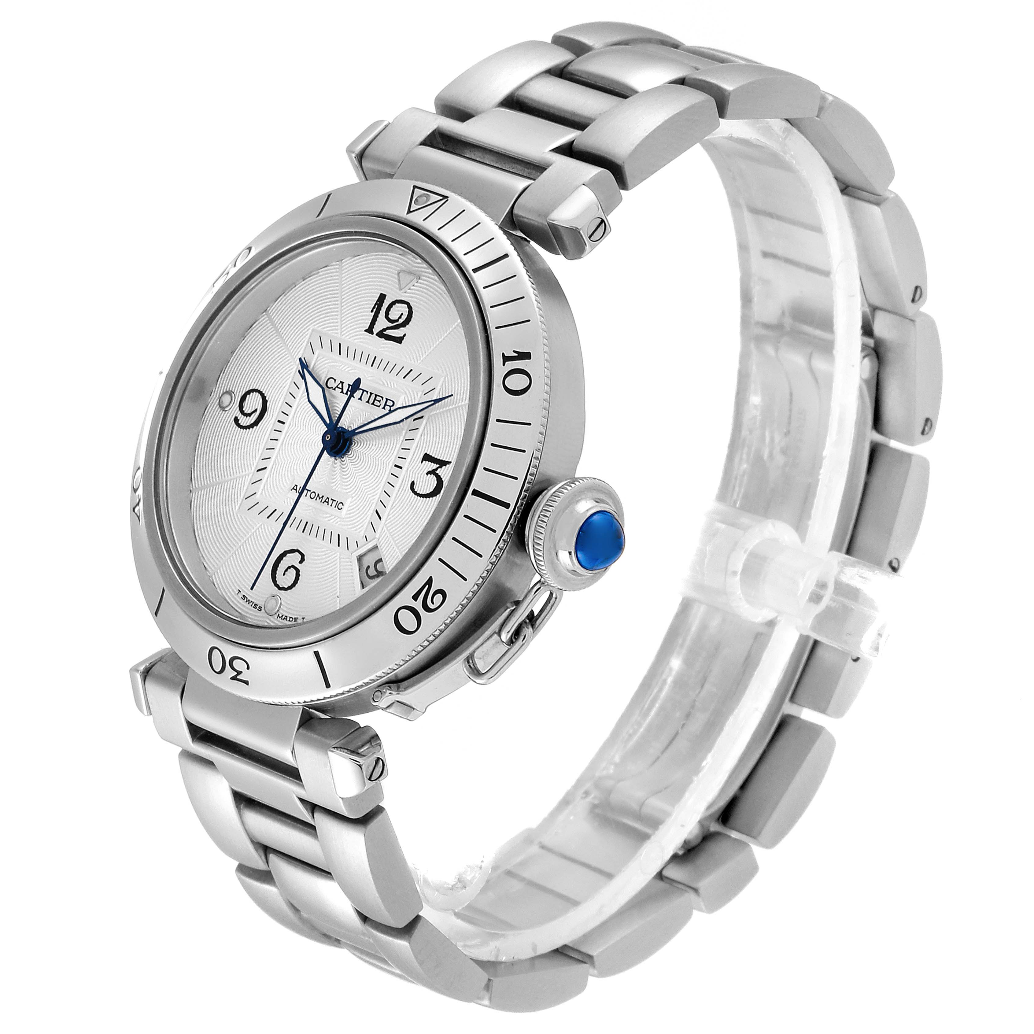 The Cartier Pasha W31059H3 Men's Stainless Steel Silver Dial W31059H3 Men's Stainless Steel Silver Dial watch is shown at a side angle, displaying the face, bezel, crown, and metal bracelet.