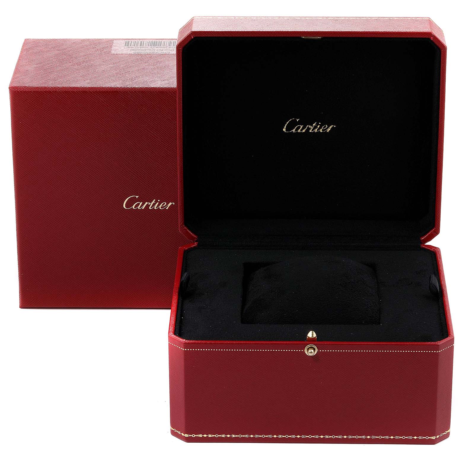 The image shows an open Cartier Pasha W31059H3 Men's Stainless Steel Silver Dial W31059H3 Men's Stainless Steel Silver Dial watch box with the watch cushion inside, and an outer red box behind it.