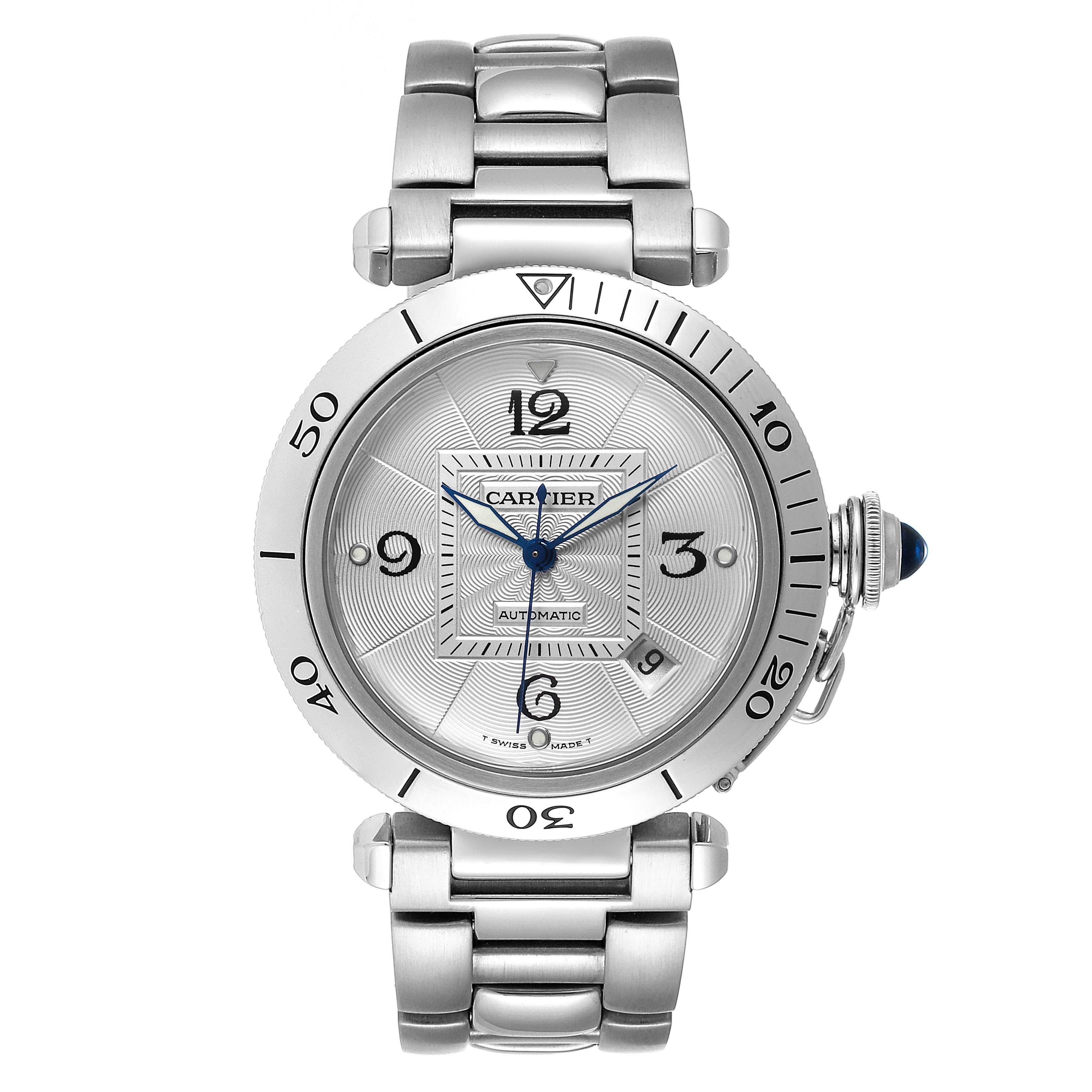 This image shows a front view of the Cartier Pasha W31059H3 Men's Stainless Steel Silver Dial W31059H3 Men's Stainless Steel Silver Dial watch, highlighting the face, bezel, and metal bracelet.