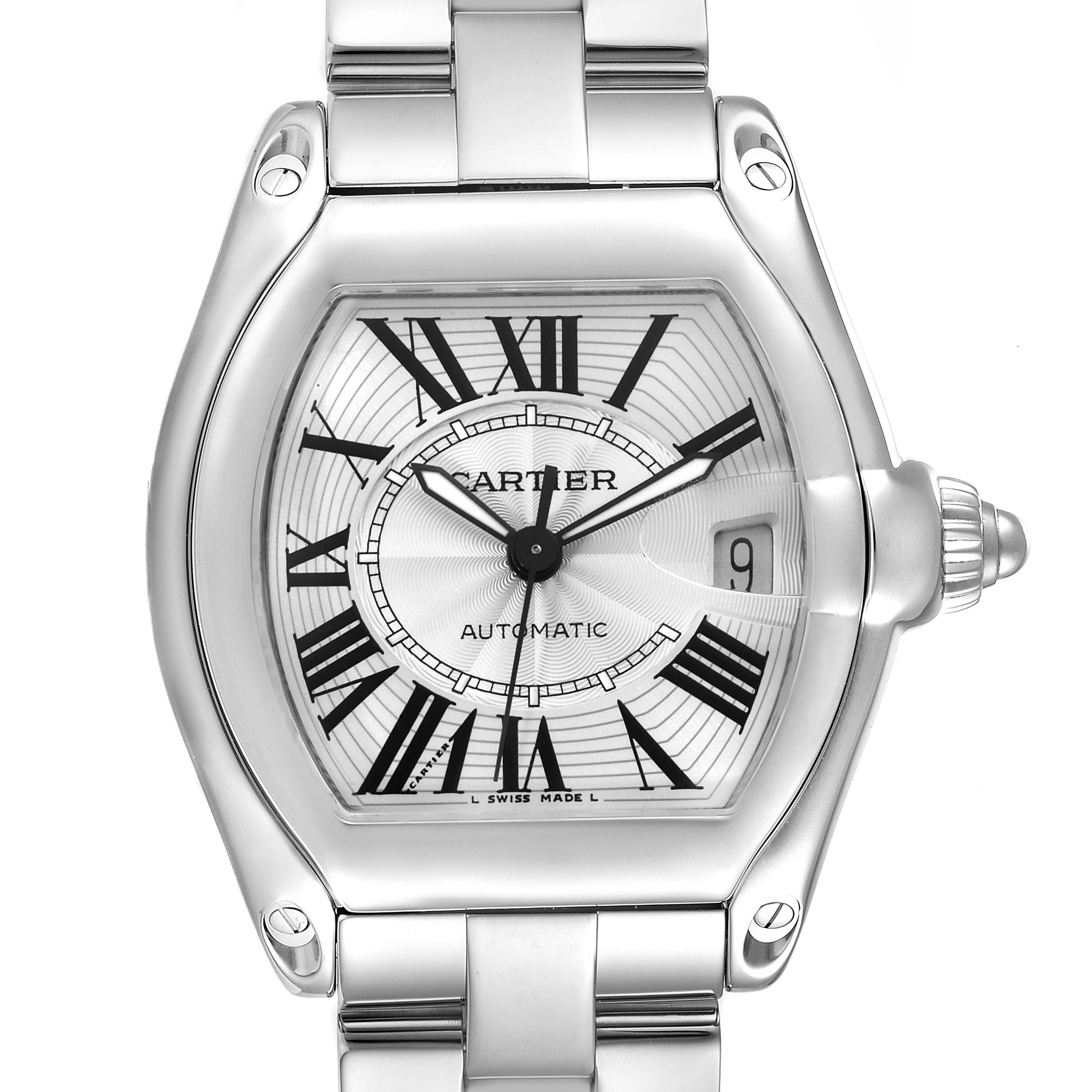 This image shows a frontal view of the Cartier Roadster W62025V3 Men
s Stainless Steel Silver Dial W62025V3 Men
s Stainless Steel Silver Dial watch, focusing on the dial, bezel, and part of the bracelet.