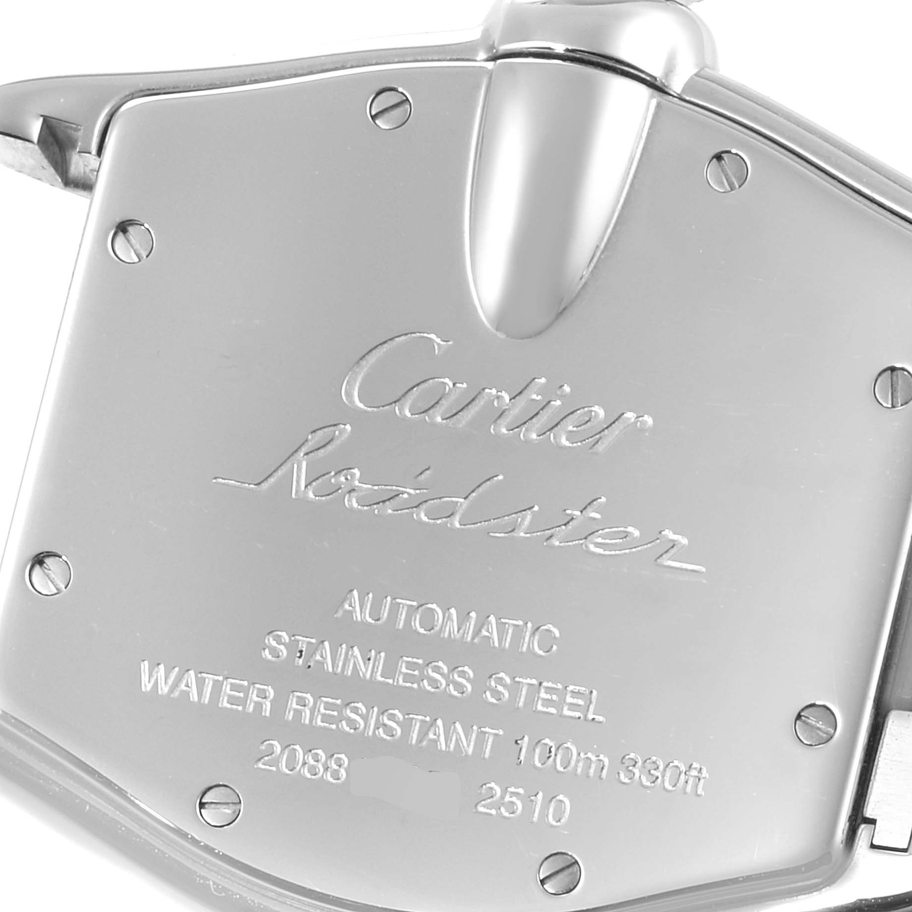 The image shows the back of a Cartier Roadster W62025V3 Men
s Stainless Steel Silver Dial W62025V3 Men
s Stainless Steel Silver Dial watch, including its brand engraving and details about material and water resistance.