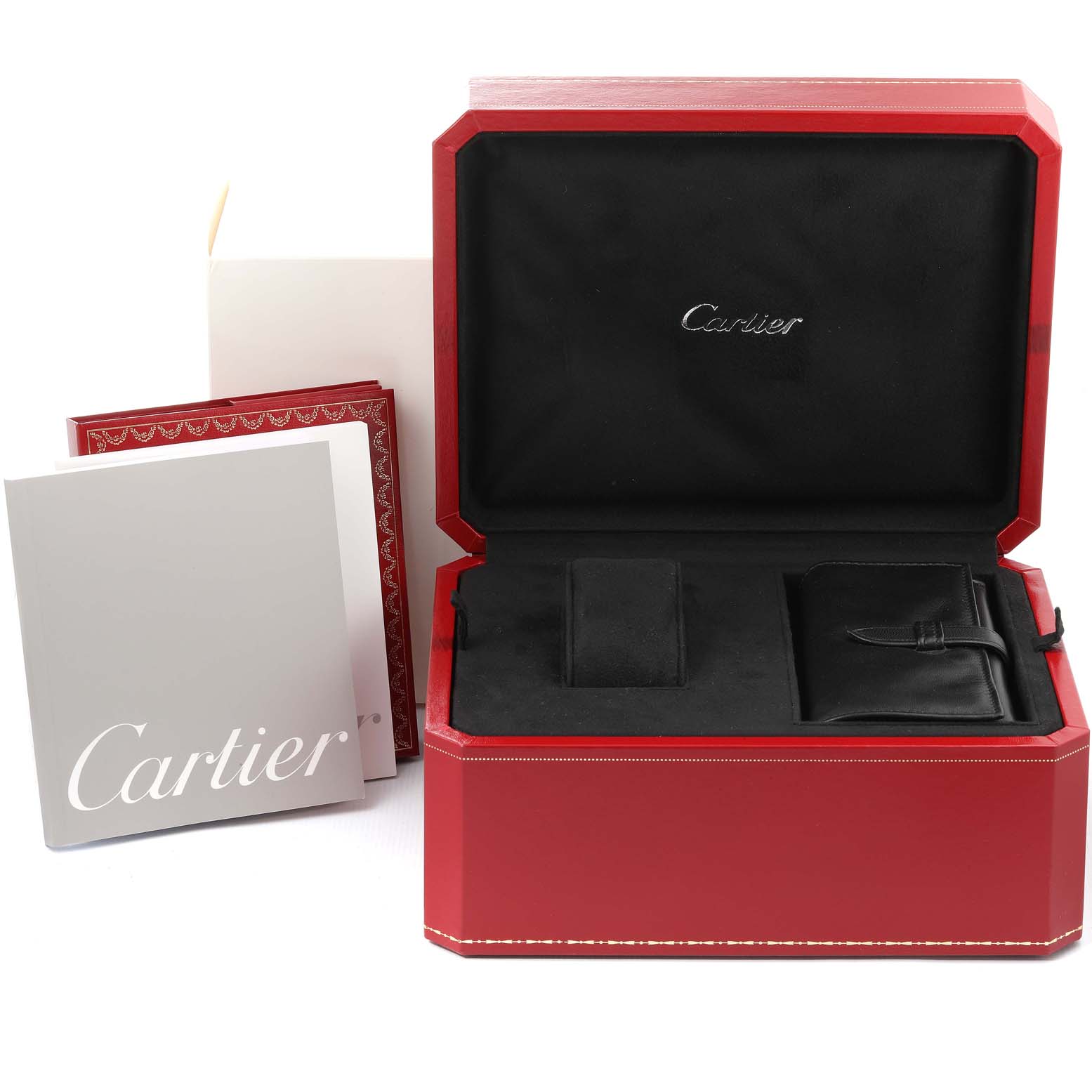 The image shows an open Cartier Roadster W62025V3 Men
s Stainless Steel Silver Dial W62025V3 Men
s Stainless Steel Silver Dial watch box and accompanying documents from a front angle.