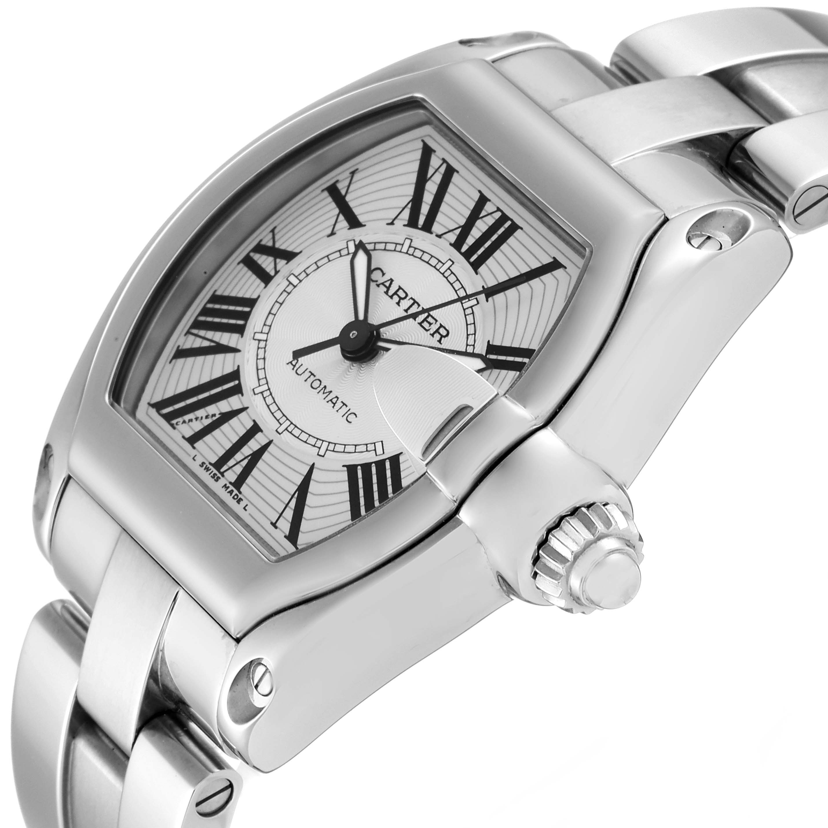 The image shows a close-up of the Cartier Roadster W62025V3 Men
s Stainless Steel Silver Dial W62025V3 Men
s Stainless Steel Silver Dial watch from a side angle, highlighting its dial, crown, and bracelet.