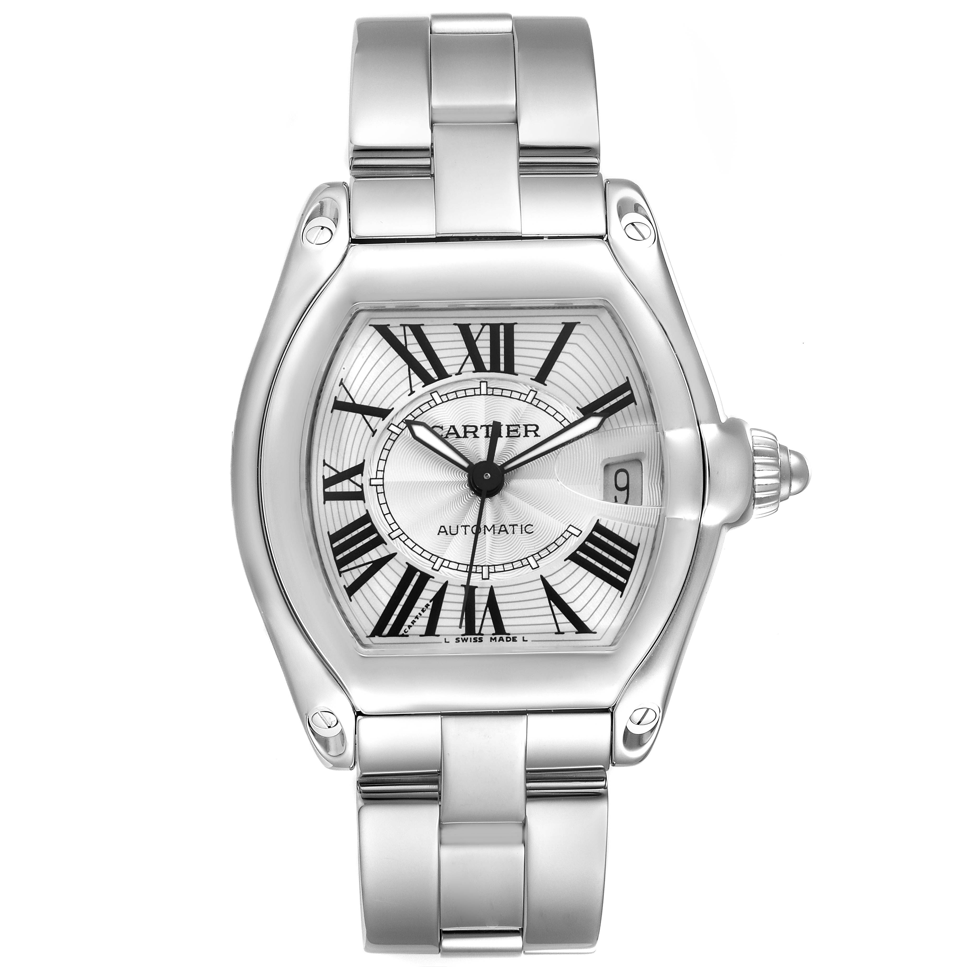 The image shows a frontal view of a Cartier Roadster W62025V3 Men
s Stainless Steel Silver Dial W62025V3 Men
s Stainless Steel Silver Dial watch, displaying the face, bezel, bracelet, and crown.