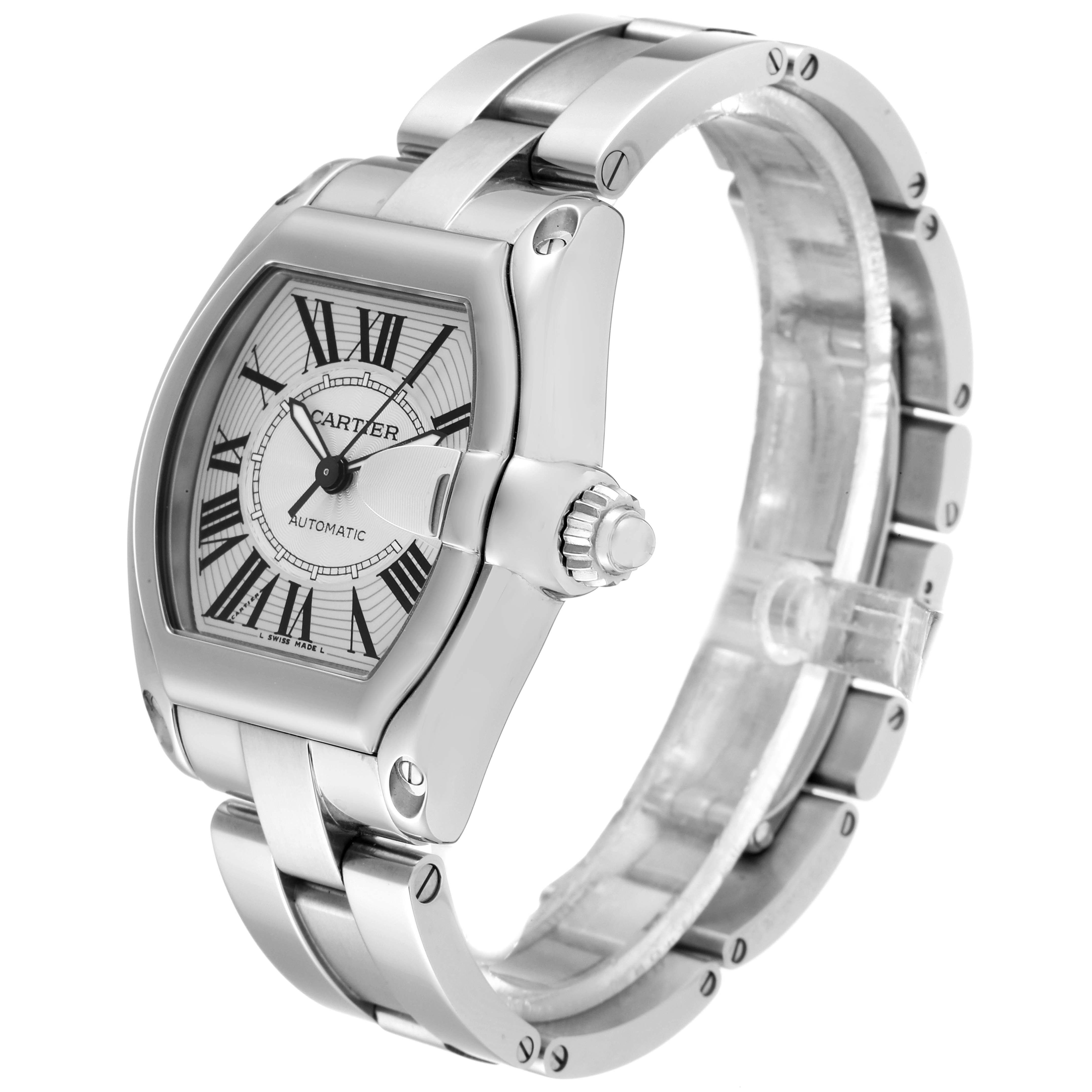 The Cartier Roadster W62025V3 Men
s Stainless Steel Silver Dial W62025V3 Men
s Stainless Steel Silver Dial watch is shown from an angled side view, highlighting its face, crown, and part of the bracelet.