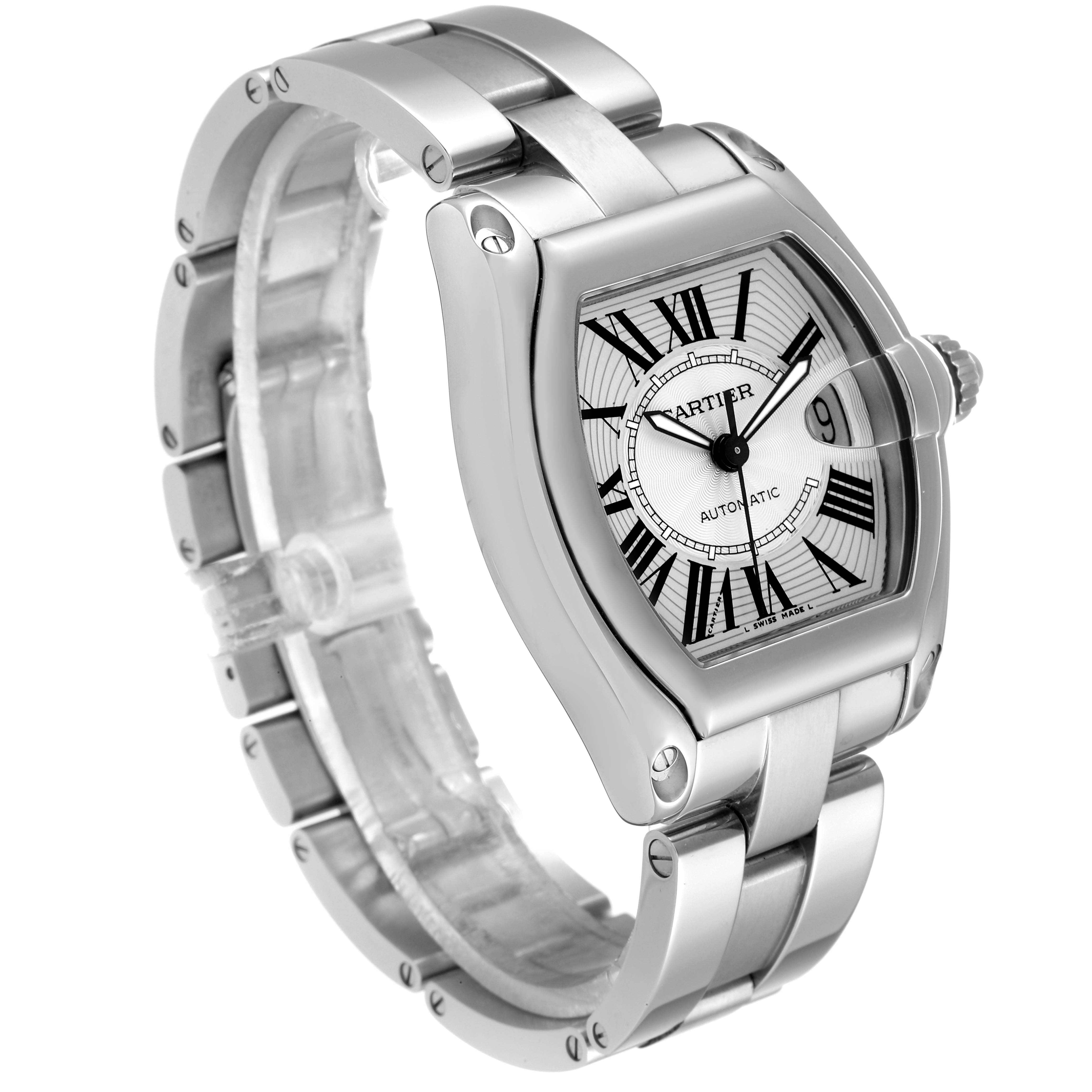 The image shows a Cartier Roadster W62025V3 Men
s Stainless Steel Silver Dial W62025V3 Men
s Stainless Steel Silver Dial watch at a three-quarter angle, highlighting the face, bracelet, and crown.